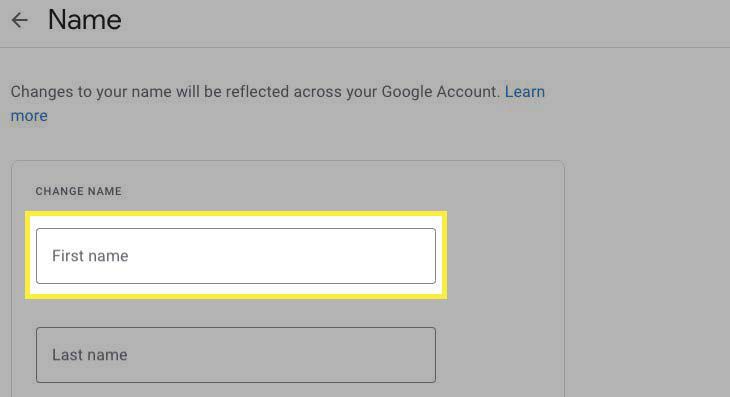 Nimenmuutosnäyttö Google-tilin asetuksissa.