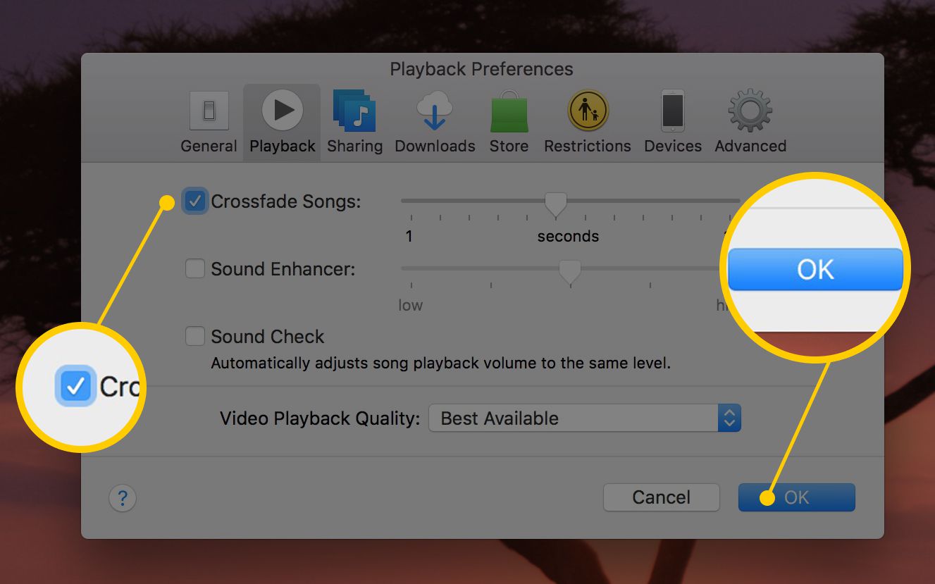 Kuvakaappaus iTunes for Macin Playback Preferences -ikkunasta, jossa Crossfade Tracks -valintaruutu ja OK-painike korostettuna