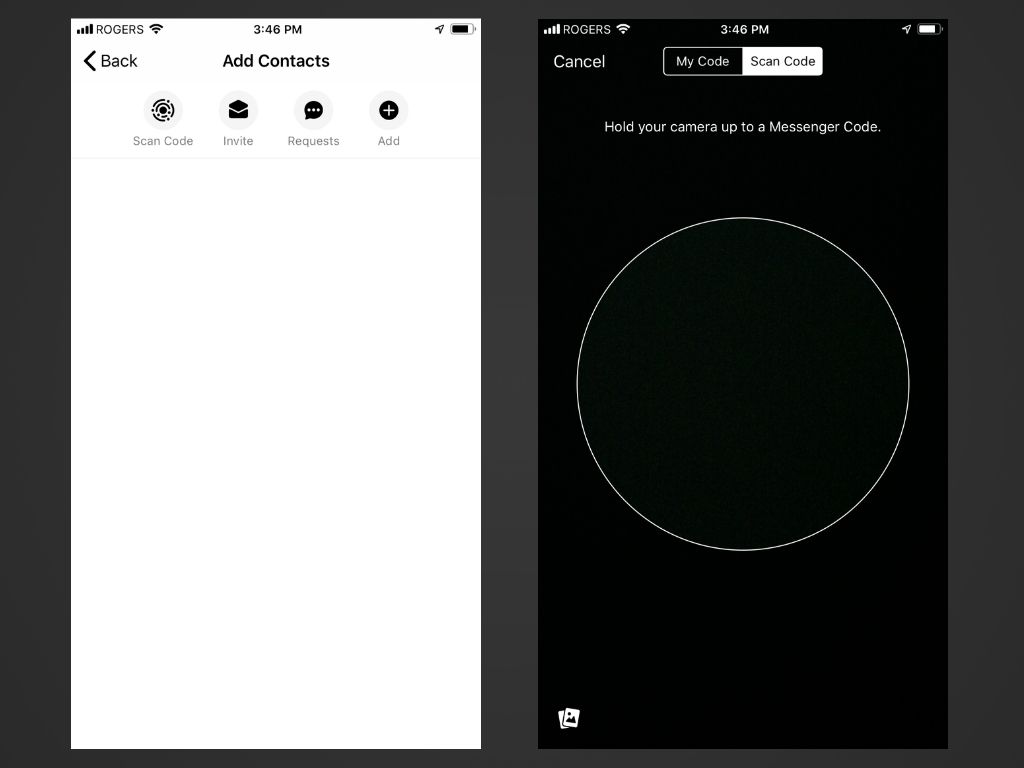 Lisää Yhteystiedot-näyttö ja kameravaihtoehto iOS:n Messenger-sovelluksessa