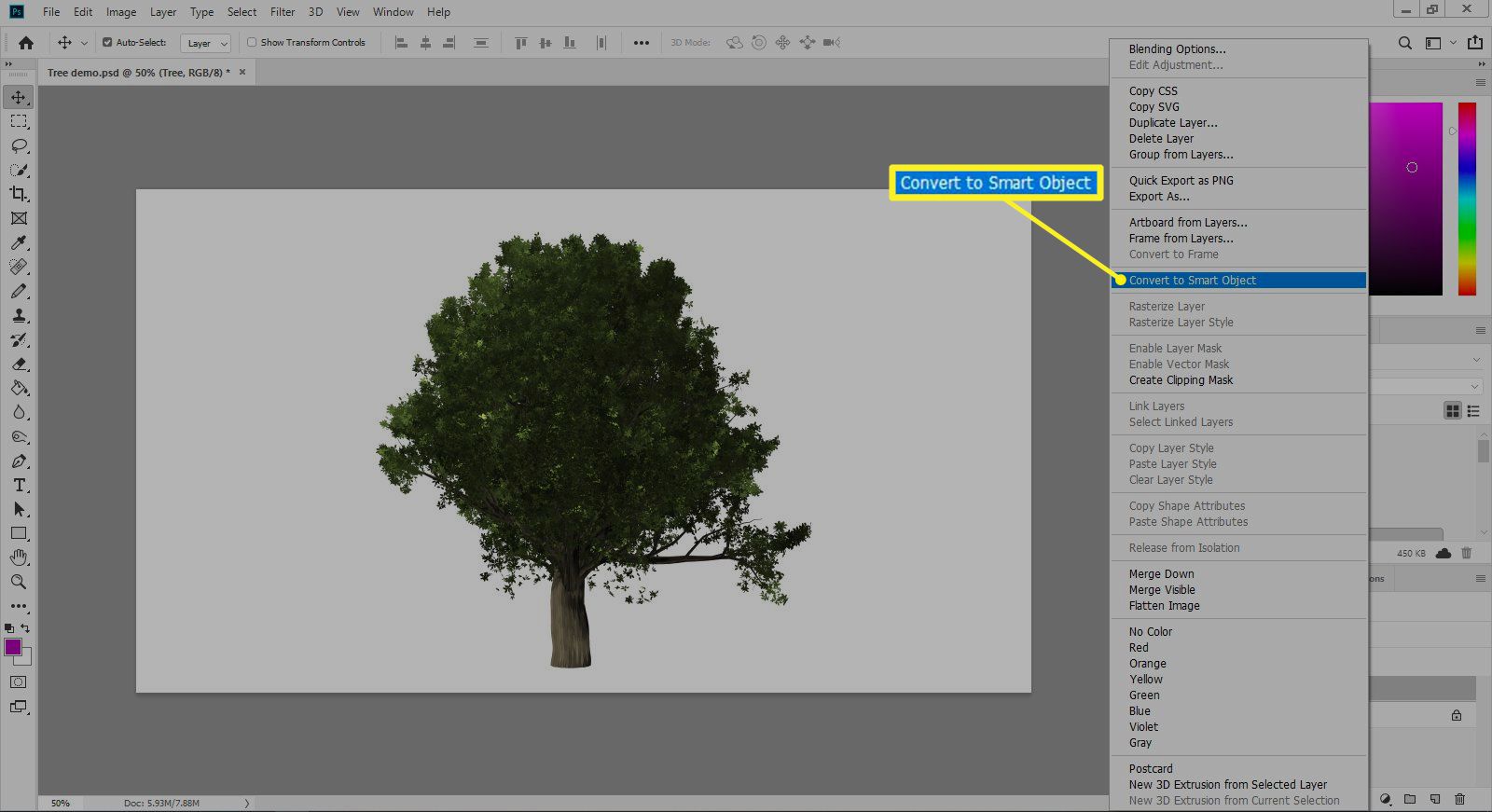 Photoshop näyttää valikossa Convert to Smart -vaihtoehdon