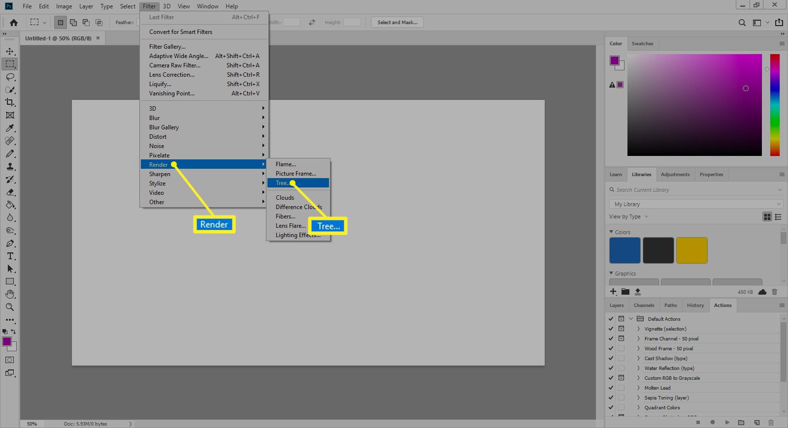 Adobe Filters -valikko, jossa Render ja Tree on korostettuna