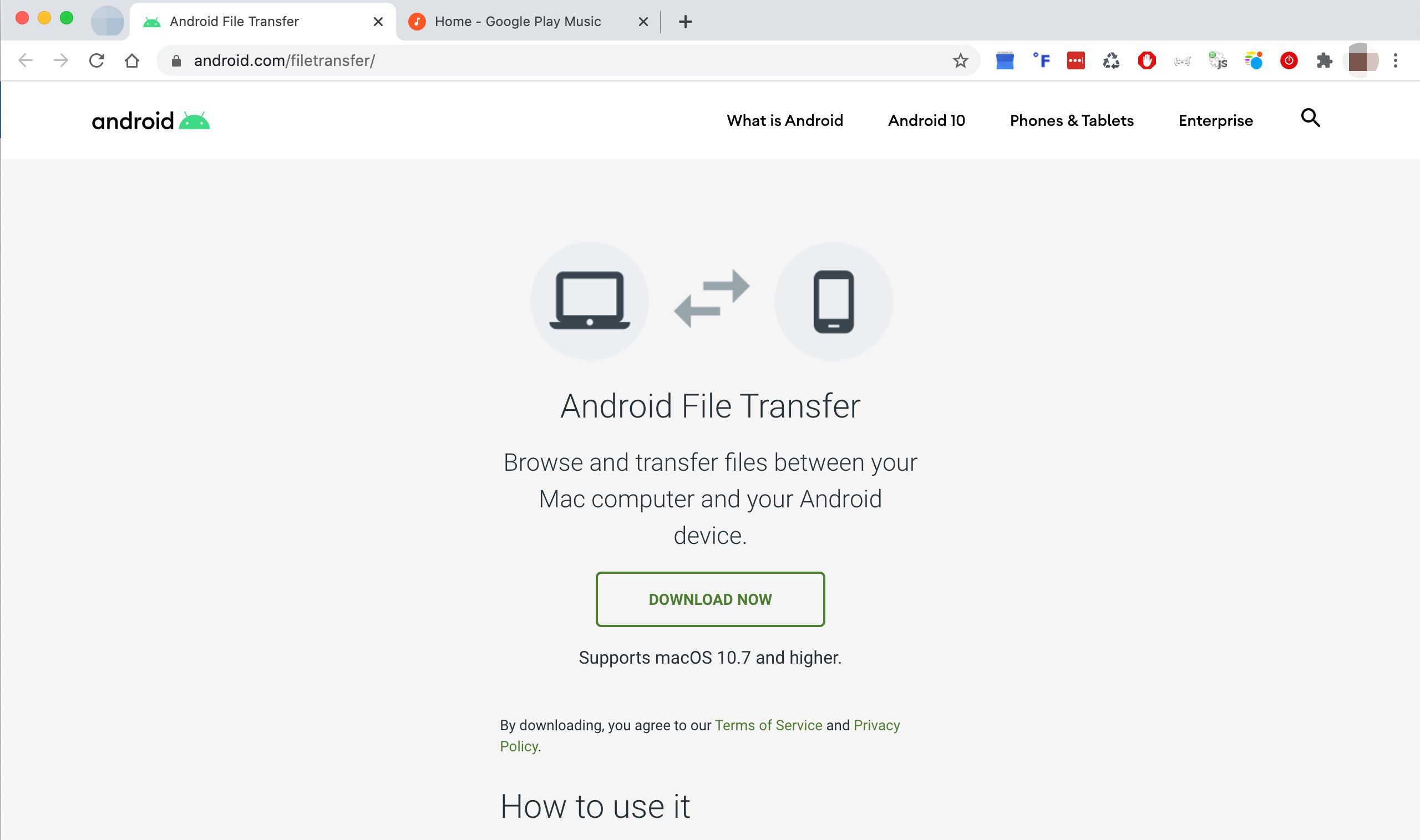 Android File Transfer -sivusto