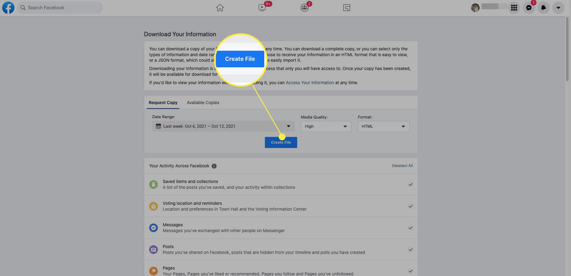 Facebook Lataa tietosi näyttö, jossa Luo tiedosto on korostettuna