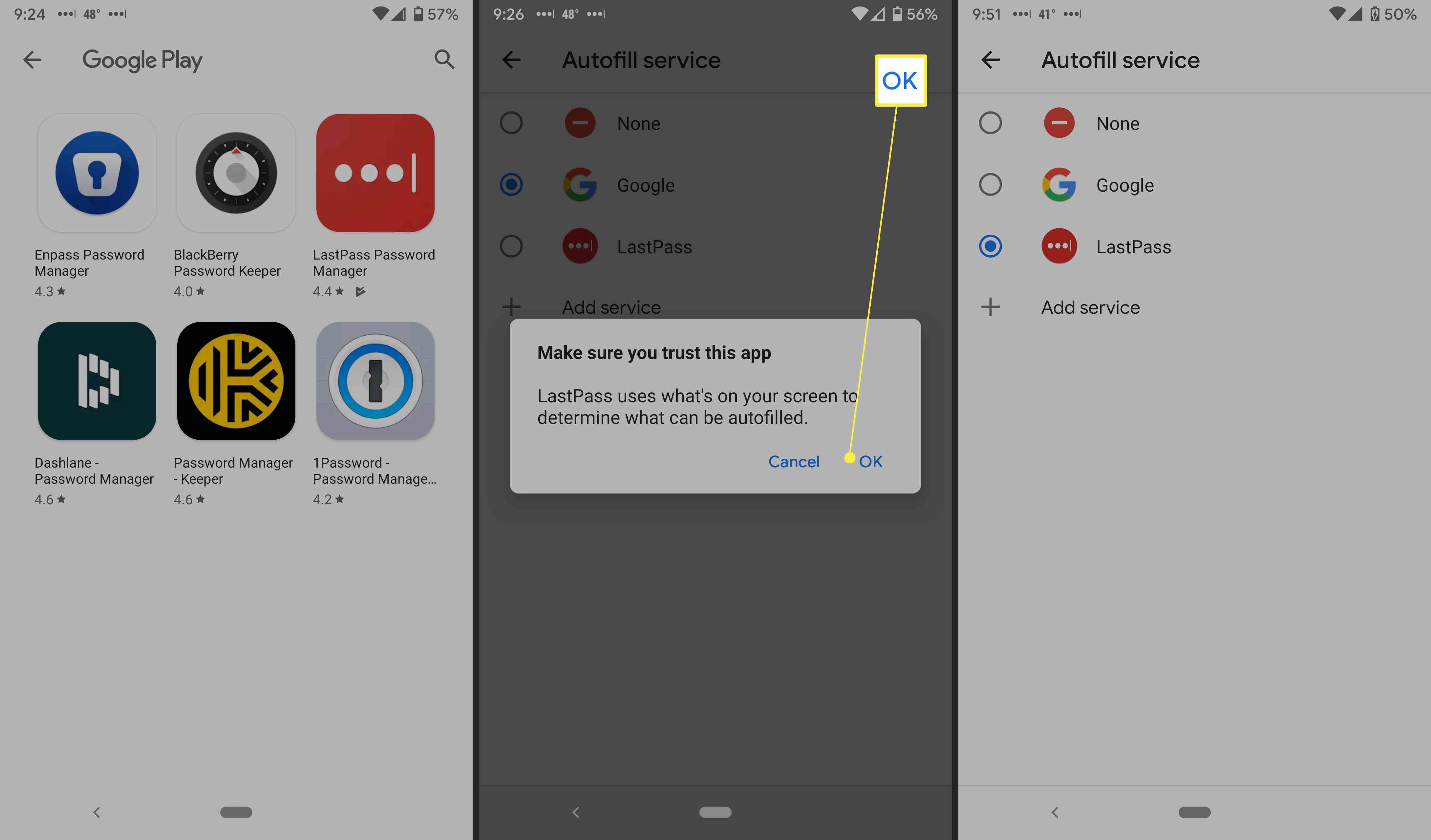 Lisää salasananhallinta Androidin automaattiseen täyttöön.