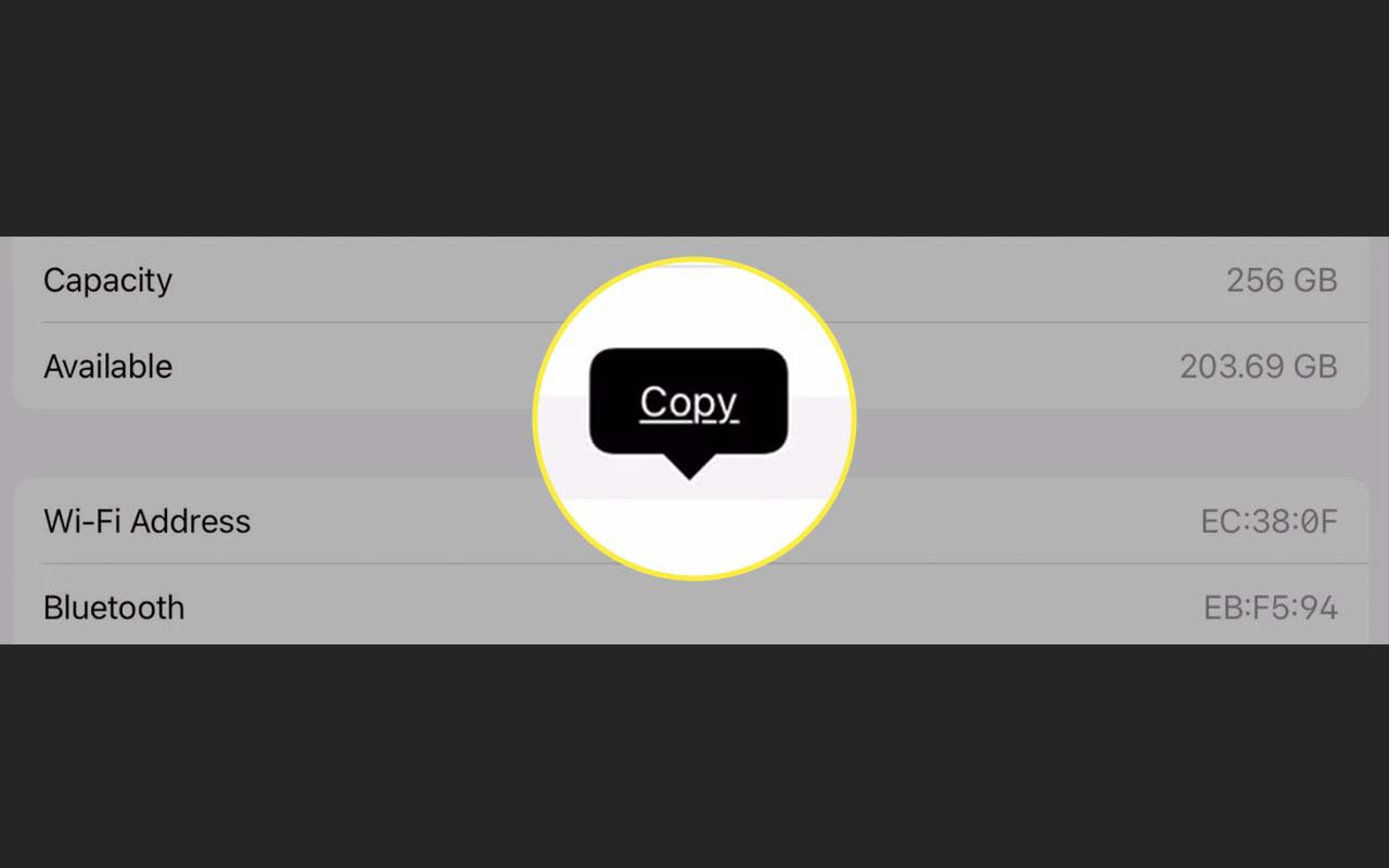 Napauta pitkään Wi-Fi-osoitetta ja napauta Kopioi kopioidaksesi Mac-osoitteen iPadista.