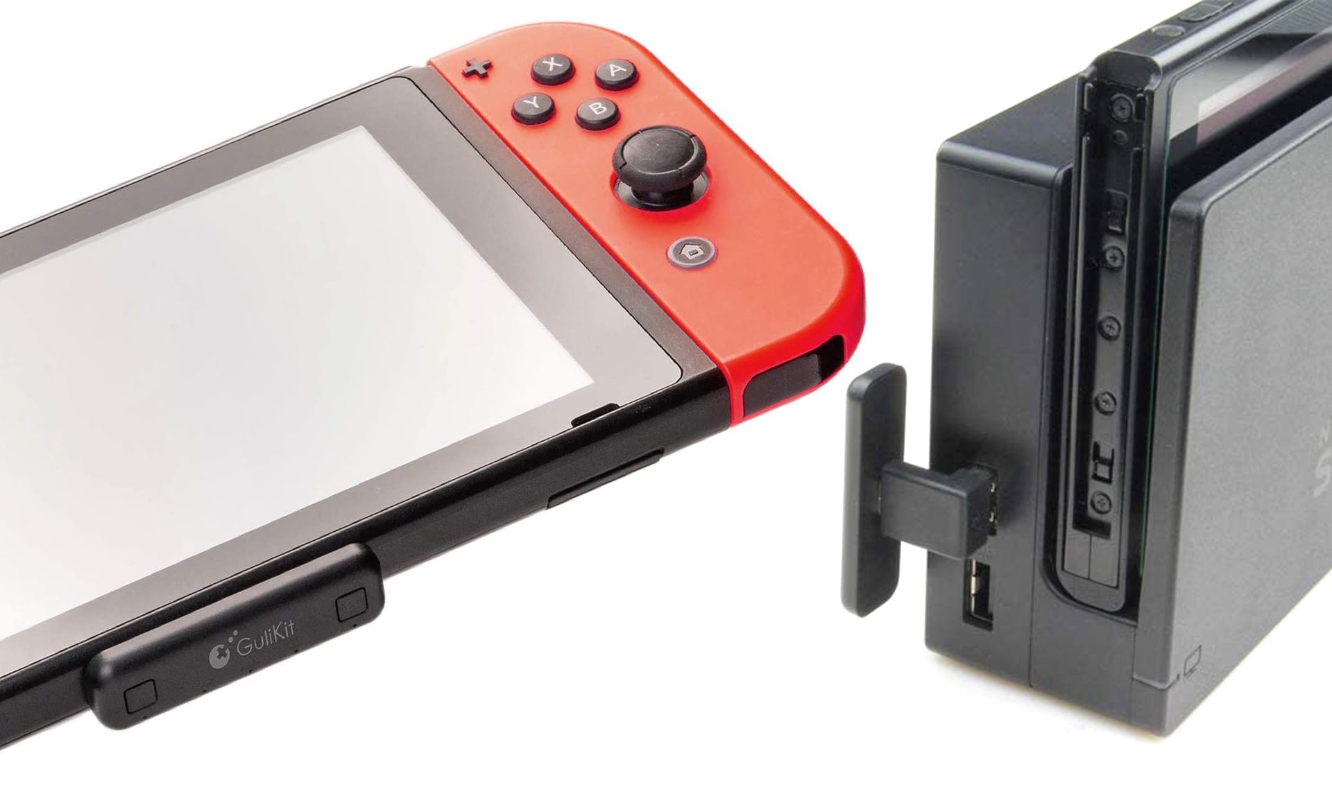 GuliKit Bluetooth-sovitin yhdistetty Nintendo Switchiin ja Dockiin.