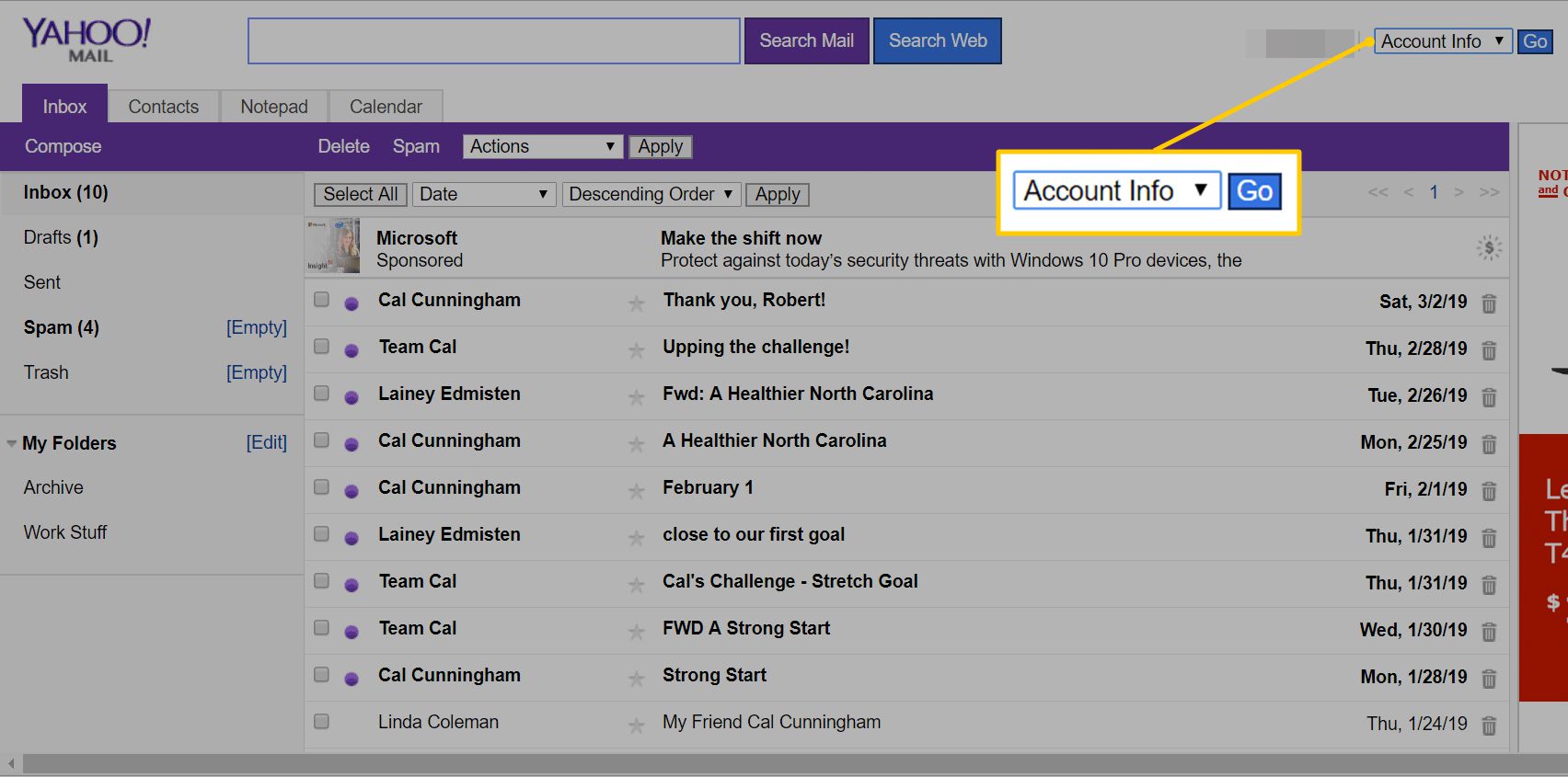 Tilitiedot-valikko Yahoo Mail Basicissa