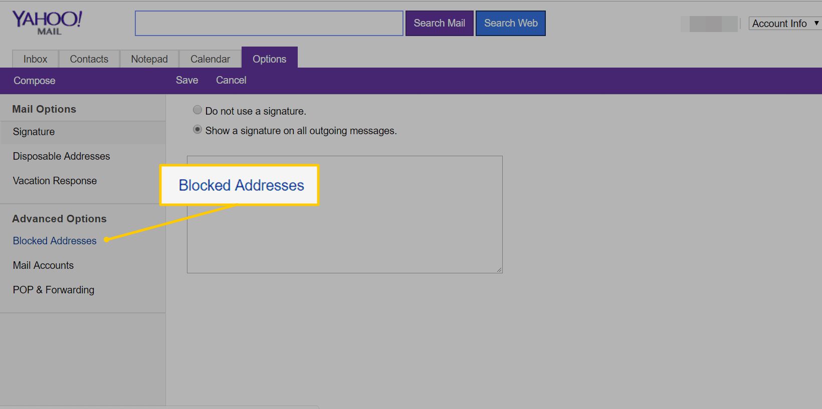 Estettyjen osoitteiden linkki Yahoo Mail Basic -verkkosivulla