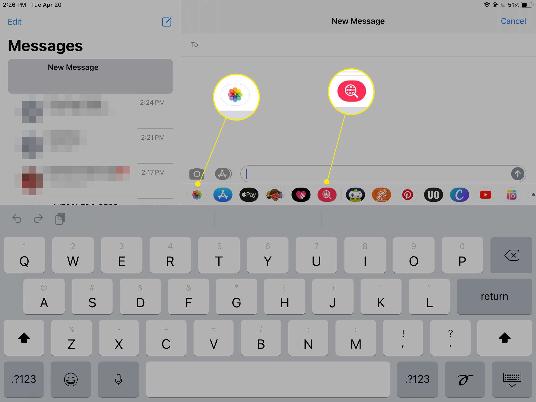 iPad iMessage, jossa on korostettuna Valokuvat- ja Kuvat-kuvakkeet