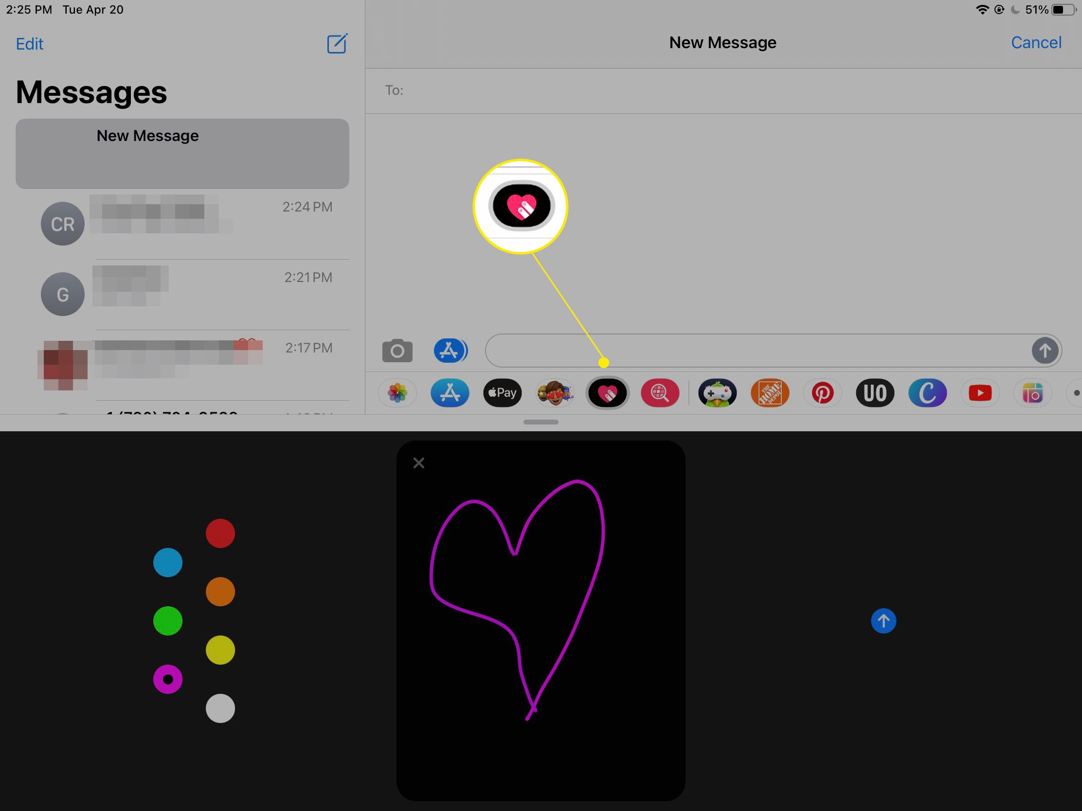 Sydänpiirustuskuvake korostettuna iPadin uudessa Viestit-ikkunassa