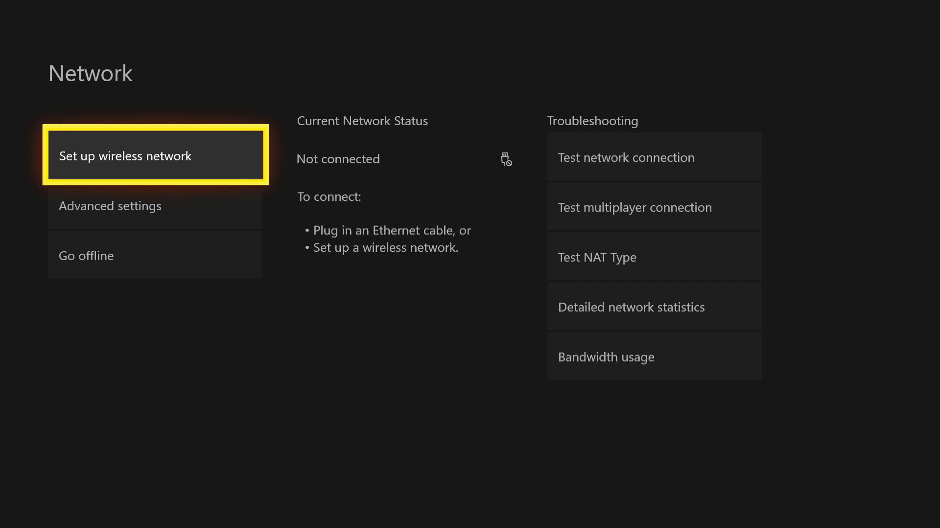 Xbox One Network Settings -valikko, jossa 