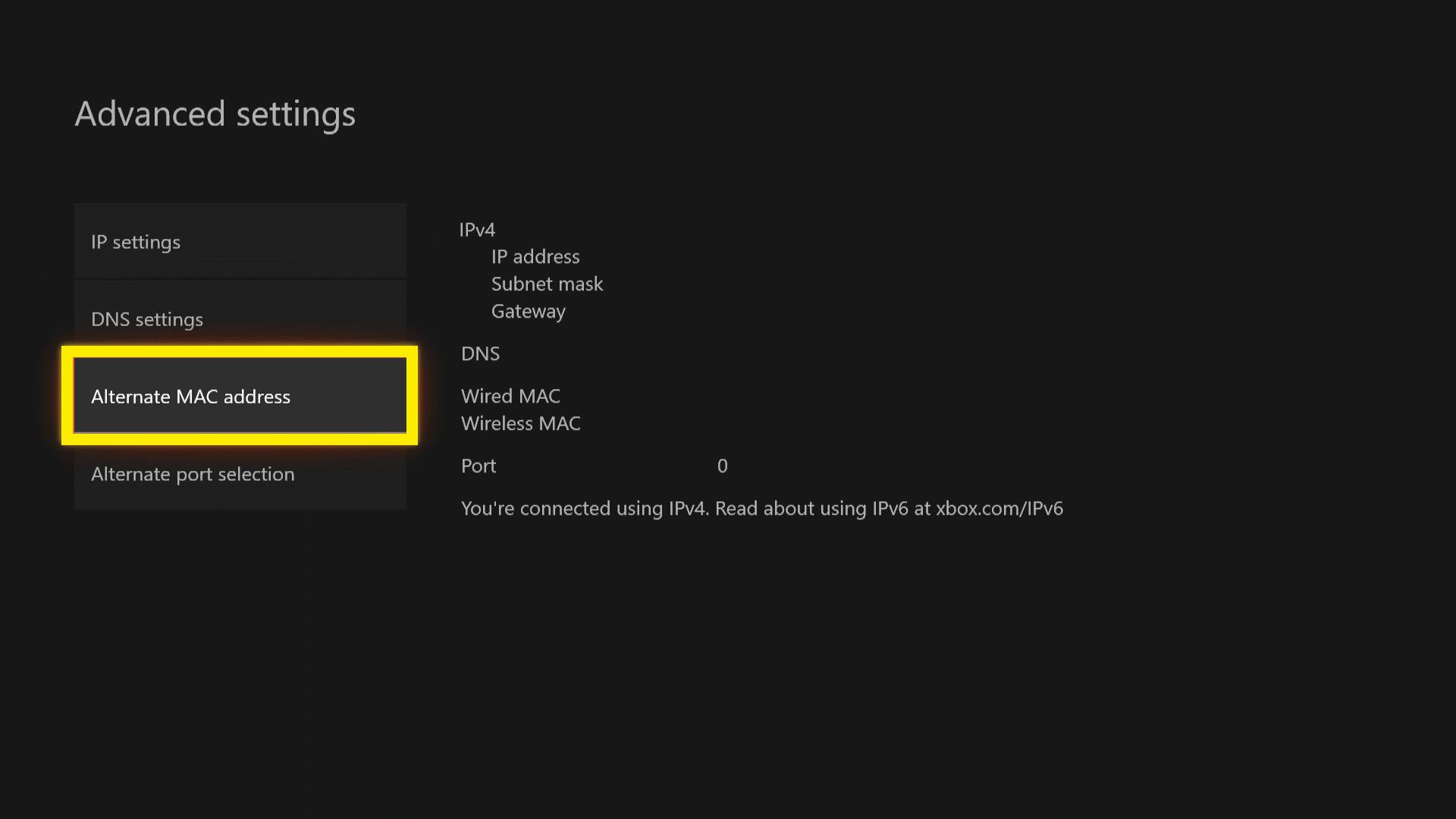 Xbox One Advanced Settings -valikko, jossa vaihtoehtoinen MAC-osoite on valittuna