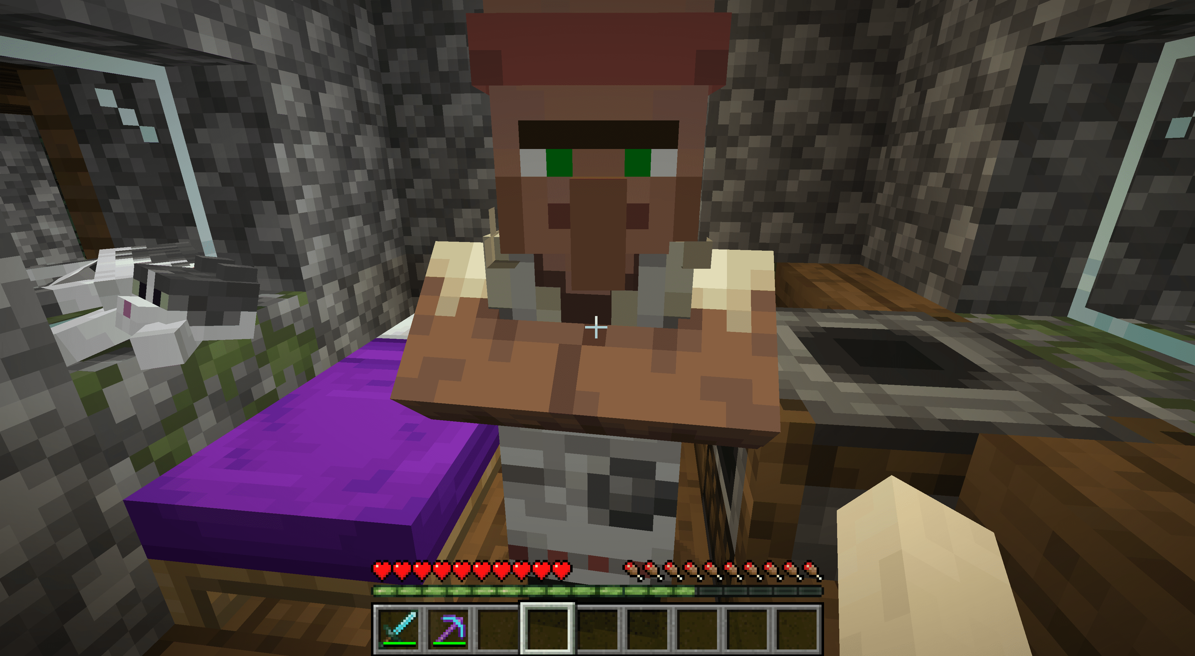 Teurastaja NPC Minecraftissa tupakoitsijansa takana.