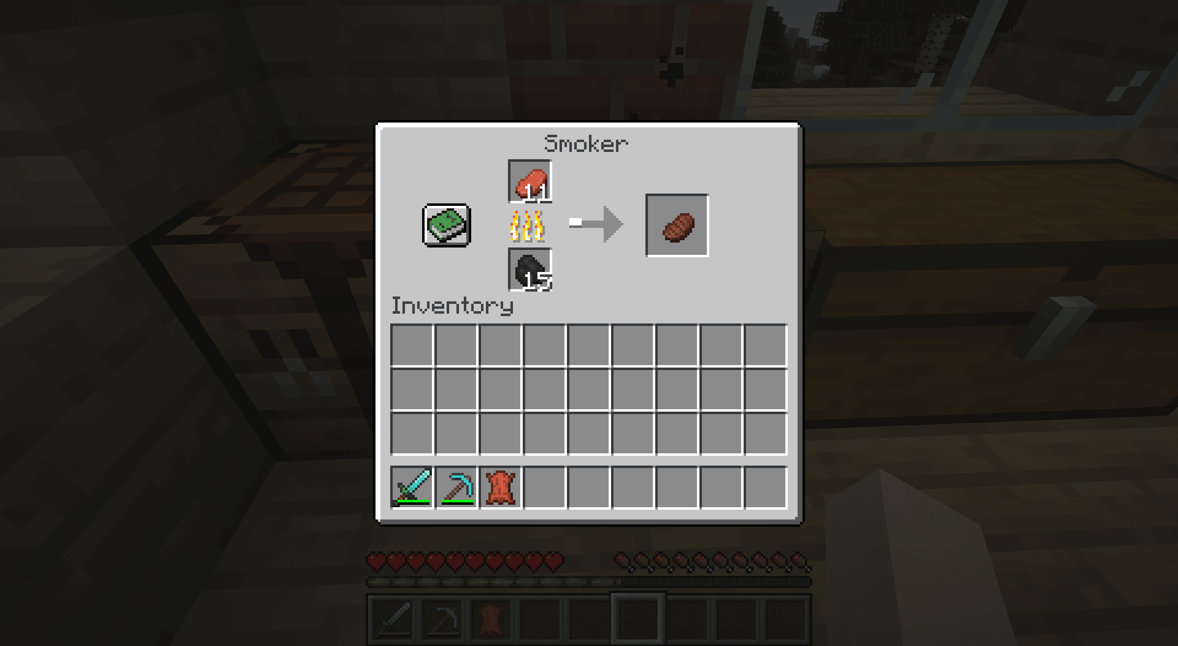 Naudanlihan polttaminen savuttimessa Minecraftissa.