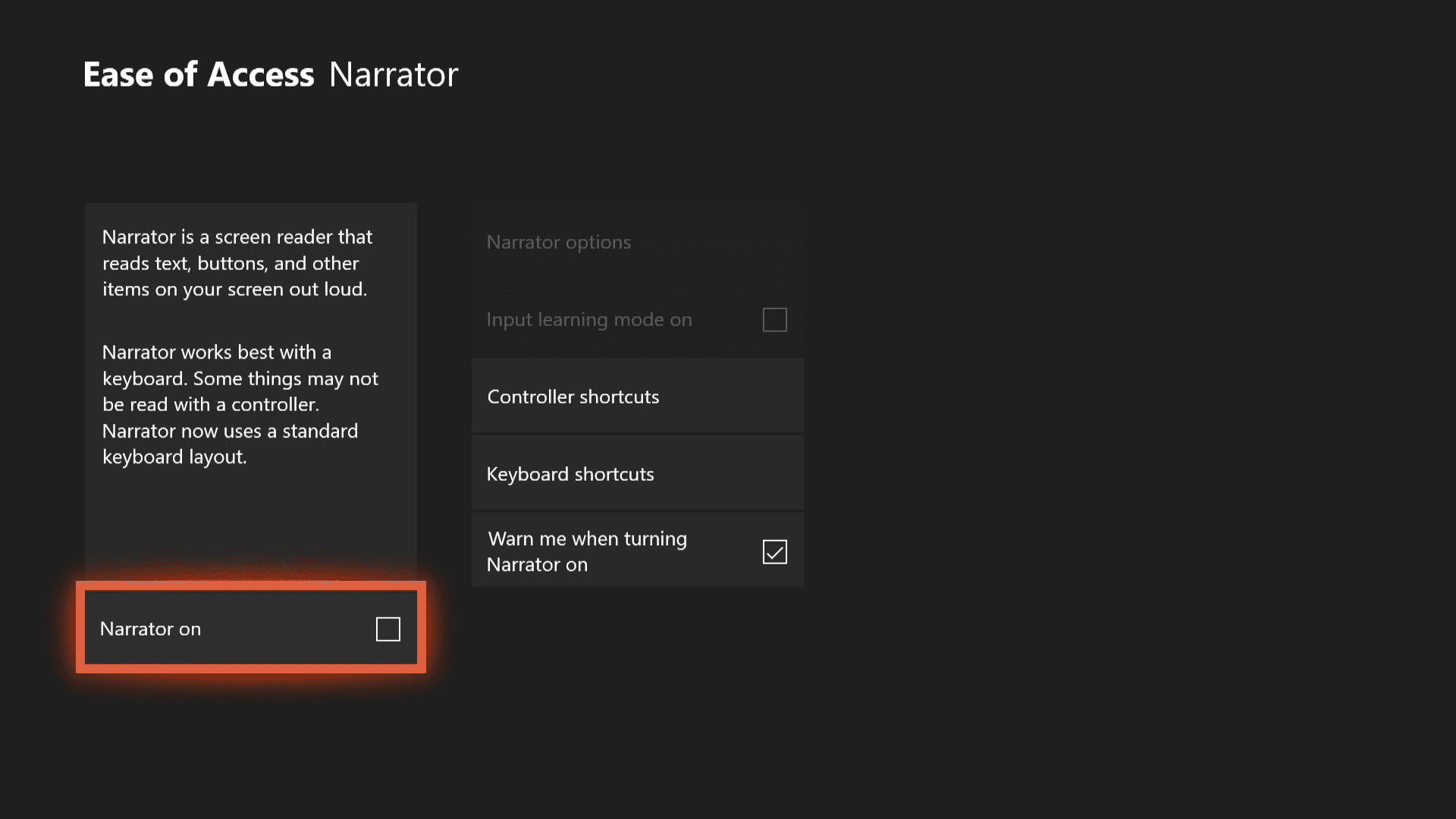 Xbox One Narrator -asetukset.