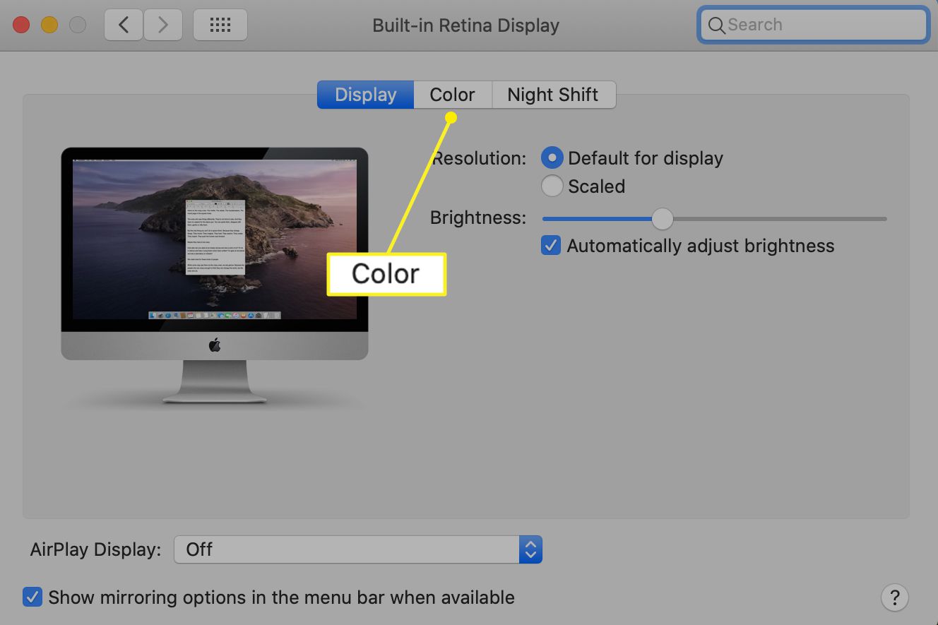 Tarkastele System Preferences (Järjestelmäasetukset) Color (Väri) -välilehteä korostettuna