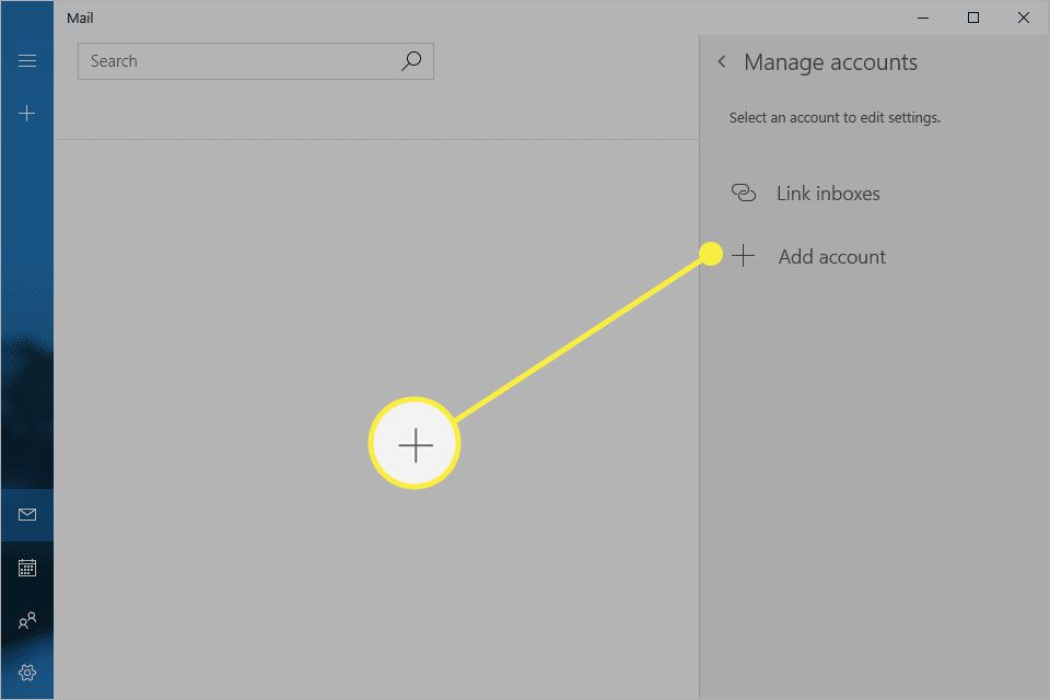 Hallitse tilejä Mail for Windowsissa lisäämällä tili -painiketta korostettuna