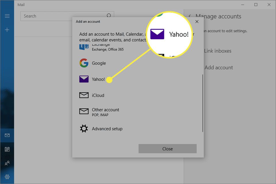 Lisää tilinäyttö Mail for Windowsiin Yahoo korostettuna