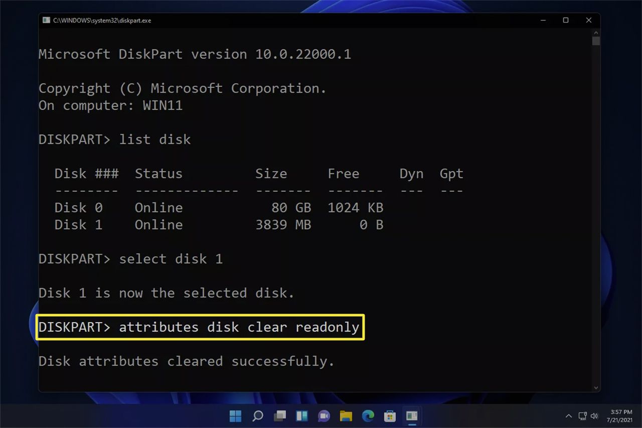 DiskPart määrittää komentolevyn tyhjennyksen vain luku -tilassa Windows 11 -komentokehotteessa.