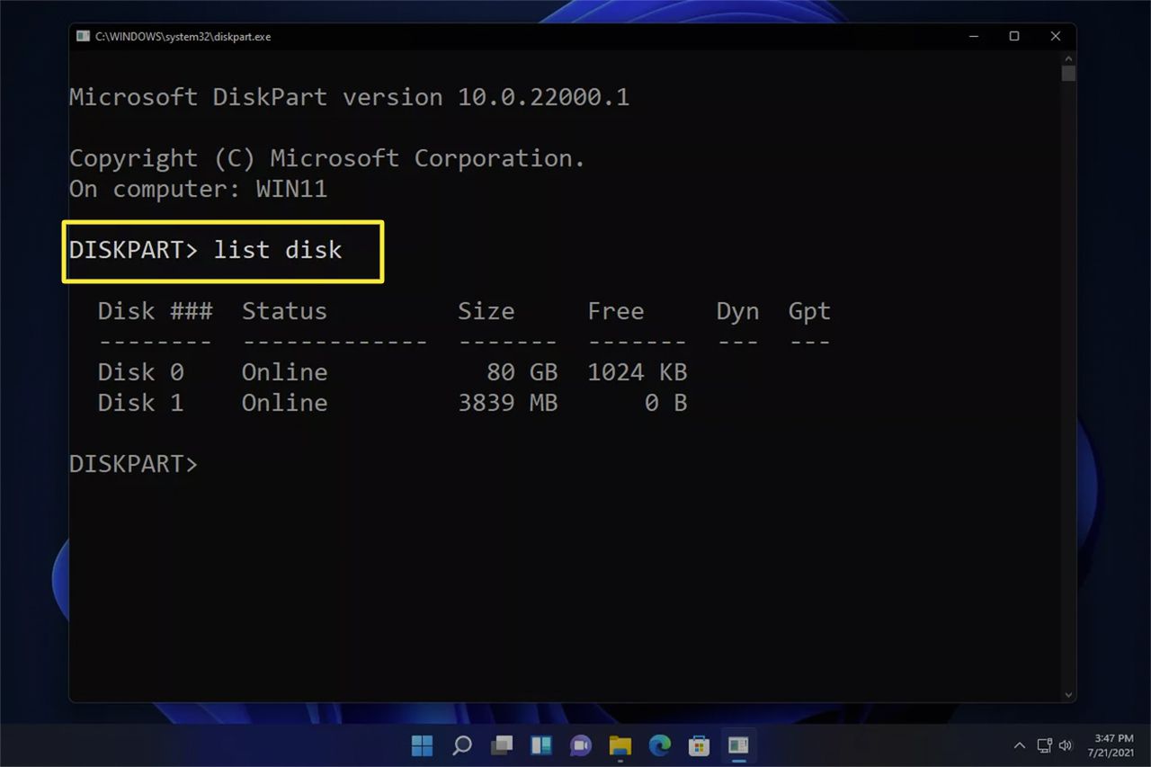 Diskpart list disk -komento Windows 11 -komentokehotteessa.