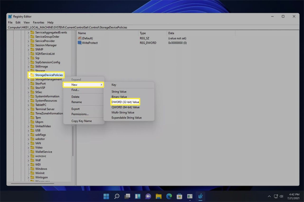 StorageDevicePolicies-rekisteriavaimen valikko Windows 11:ssä.