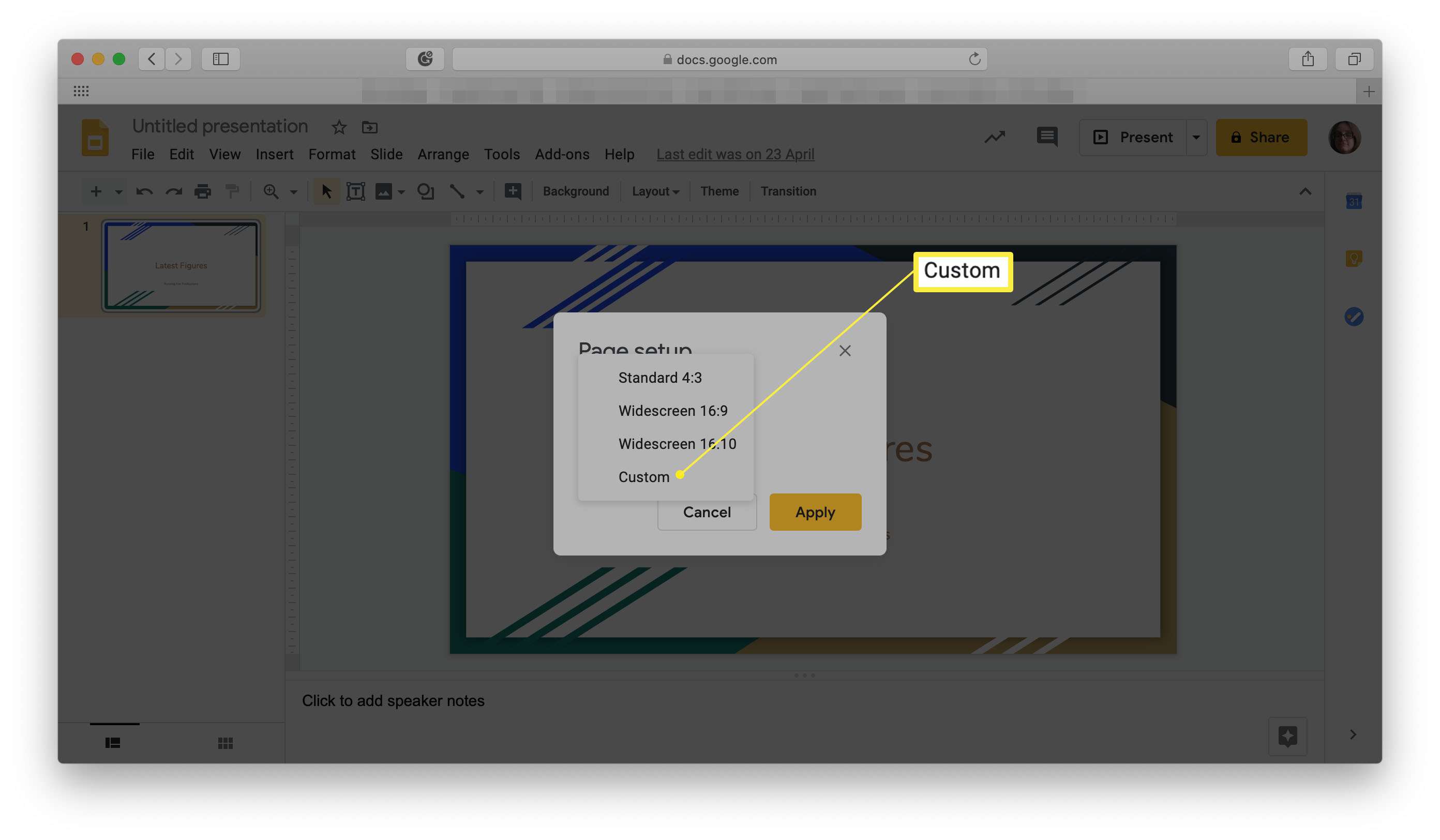 Google Slides, jossa on valittu mukautettu sivun määritys