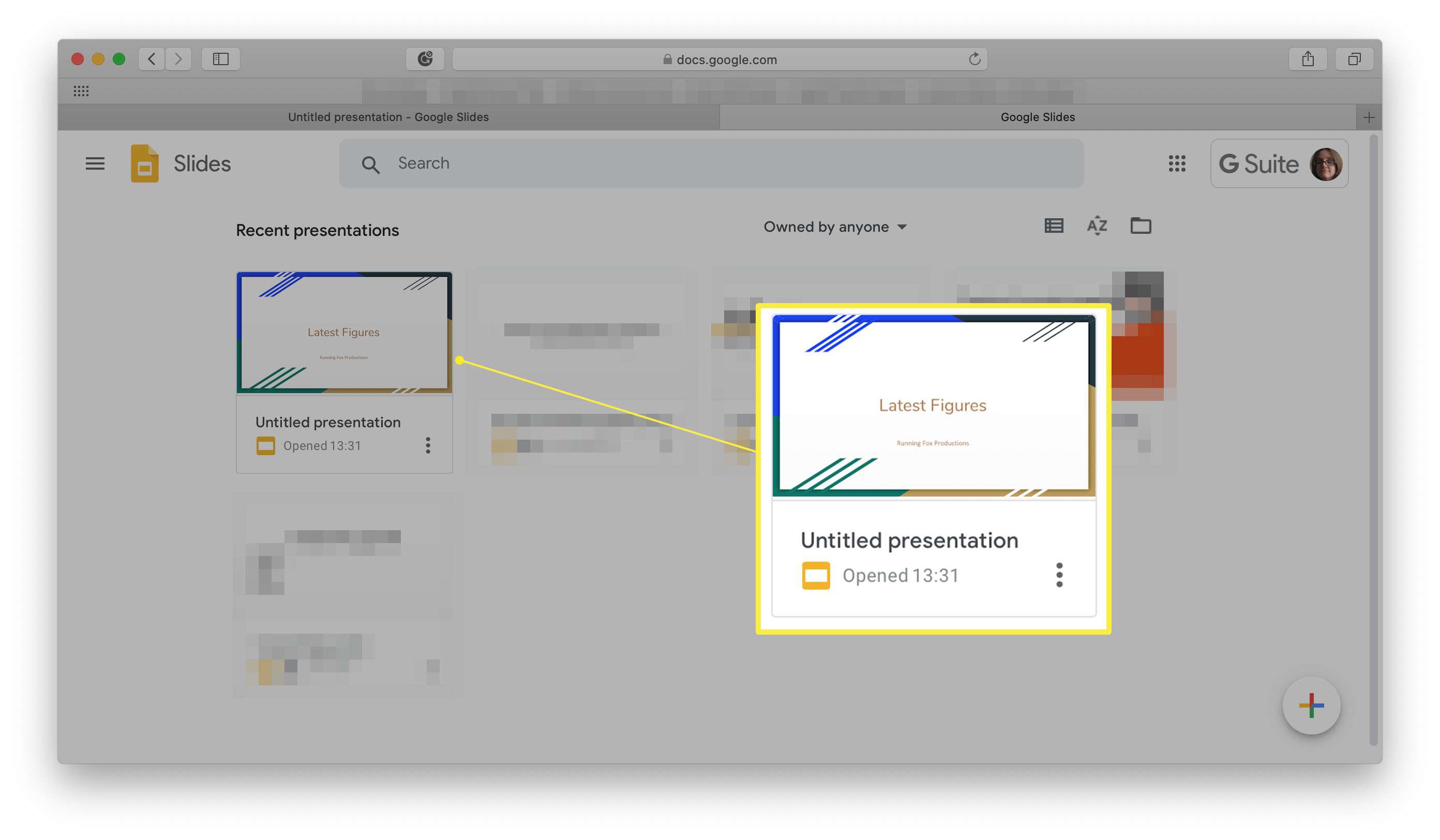 Google Slides, diaesityksiä korostettuina