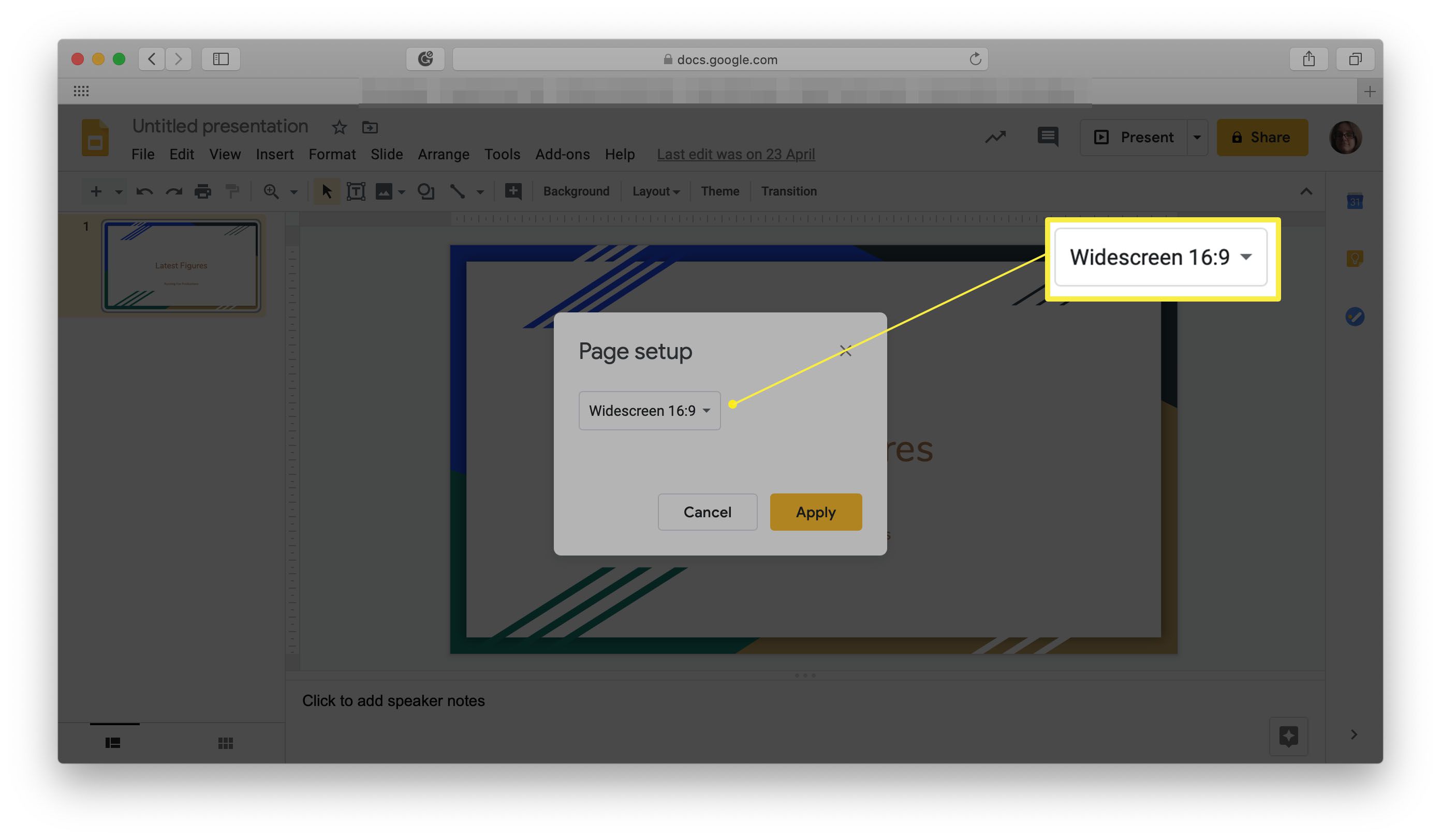 Google Slides, kun Sivun asetukset -valikko on auki