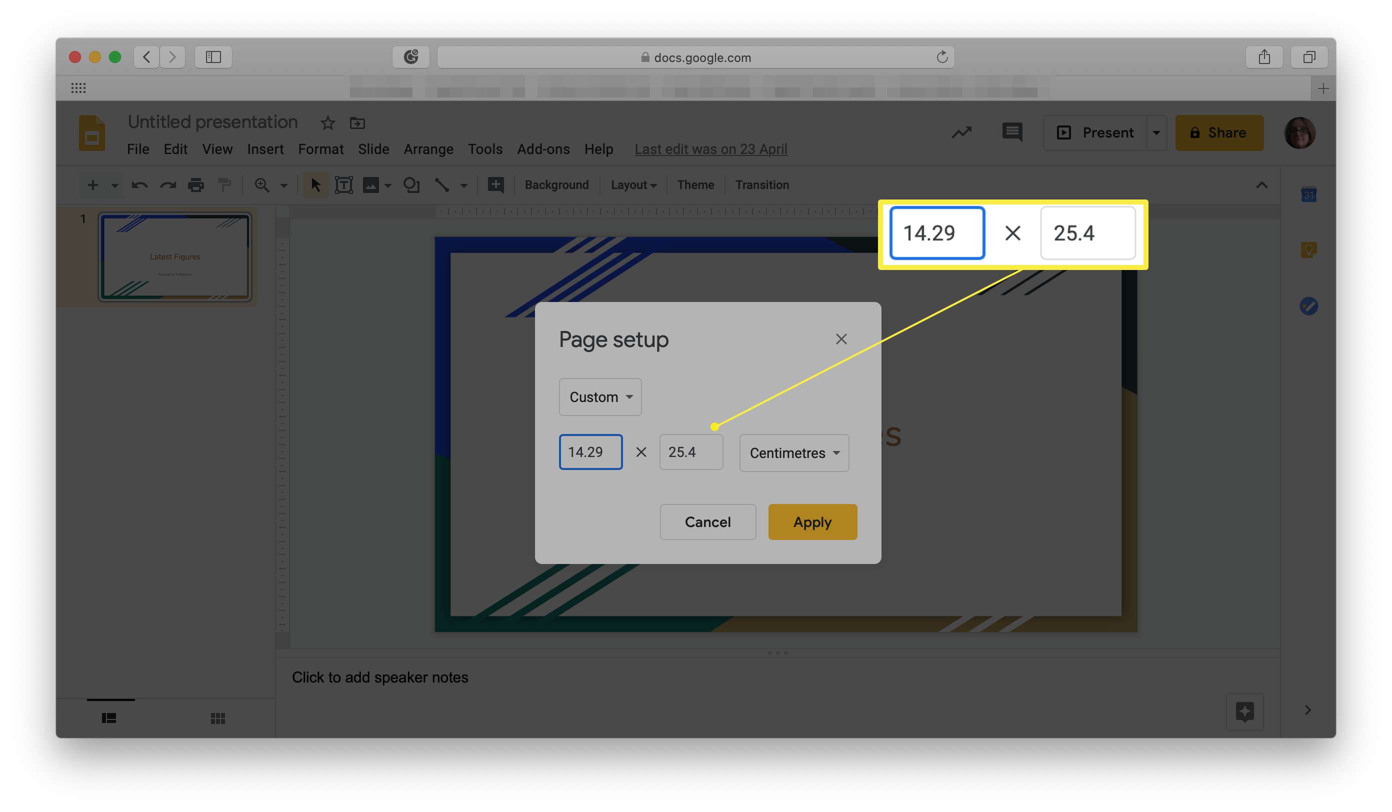 Google Slides, jossa sivuasetukset korostettuina