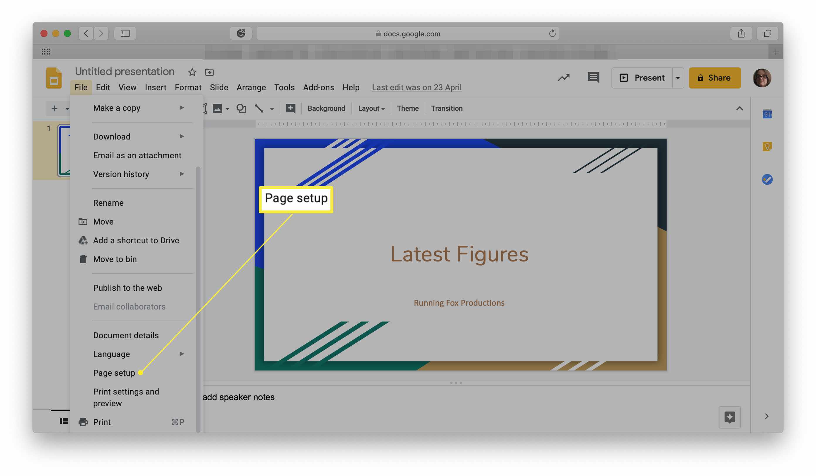 Google Slides, jossa Sivun asetukset korostettuna