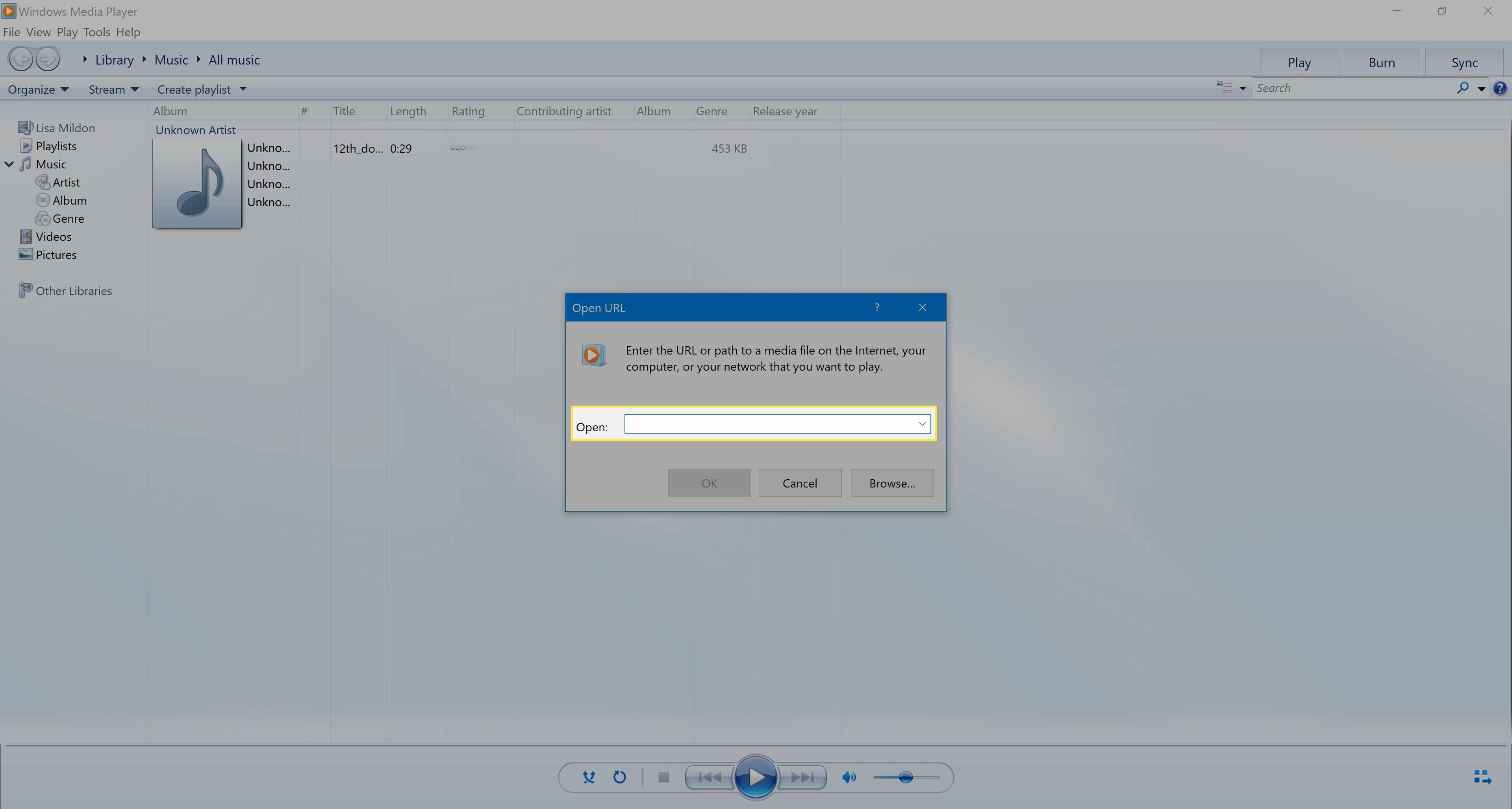 Avaa URL-valintaikkuna Windows Media Player 12:ssa.