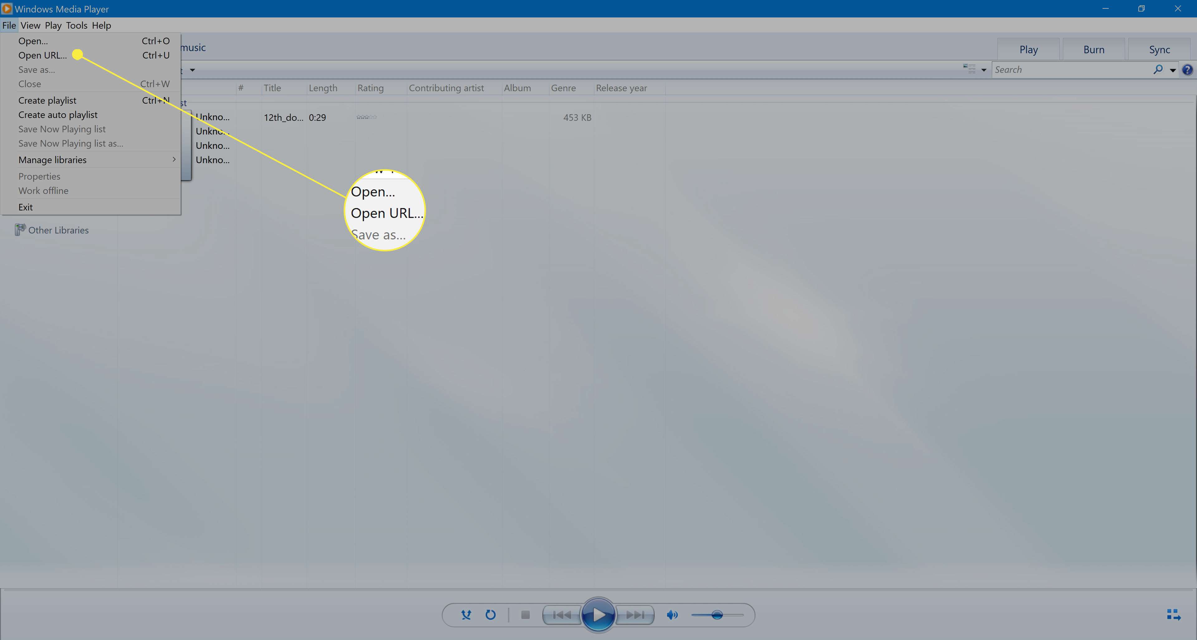 Avaa Valitse URL Windows Media Player 12:ssa.