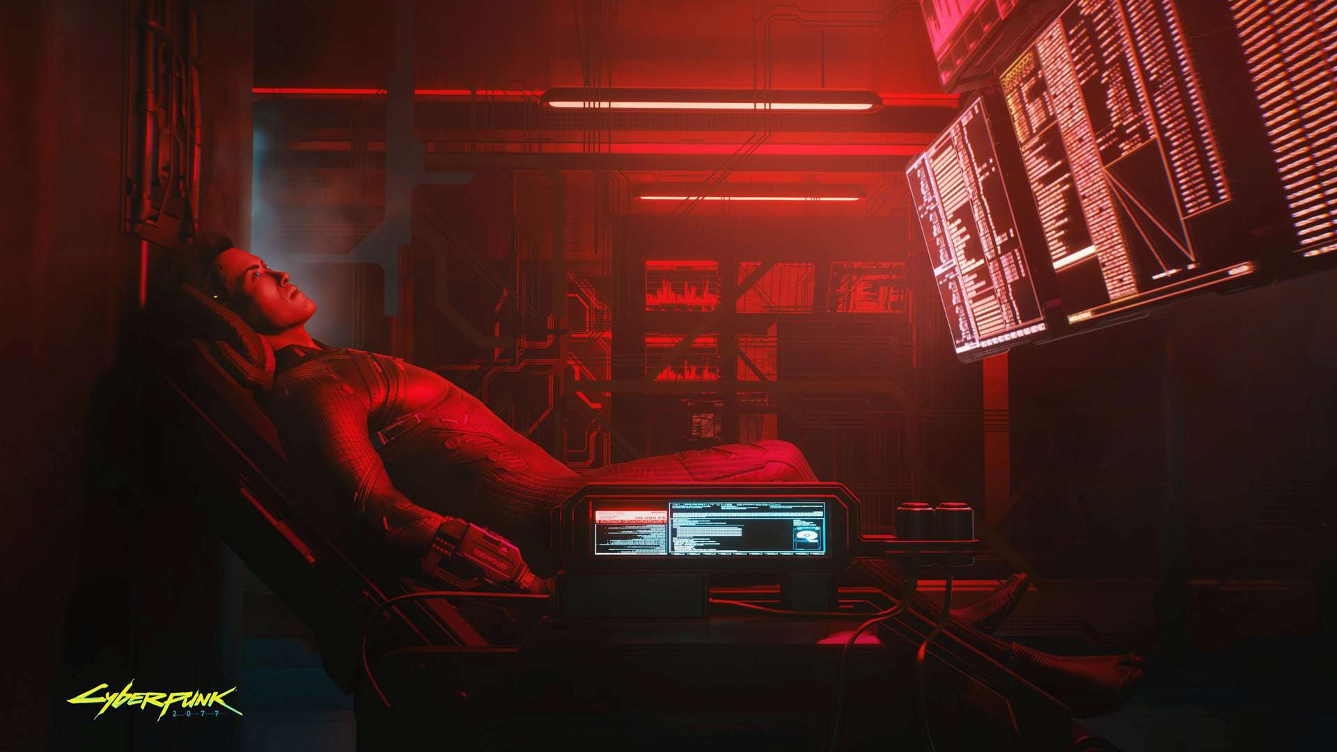 Cyberpunk 2077 -hahmo lepää tuolilla ruudun täyttämässä punaisessa huoneessa