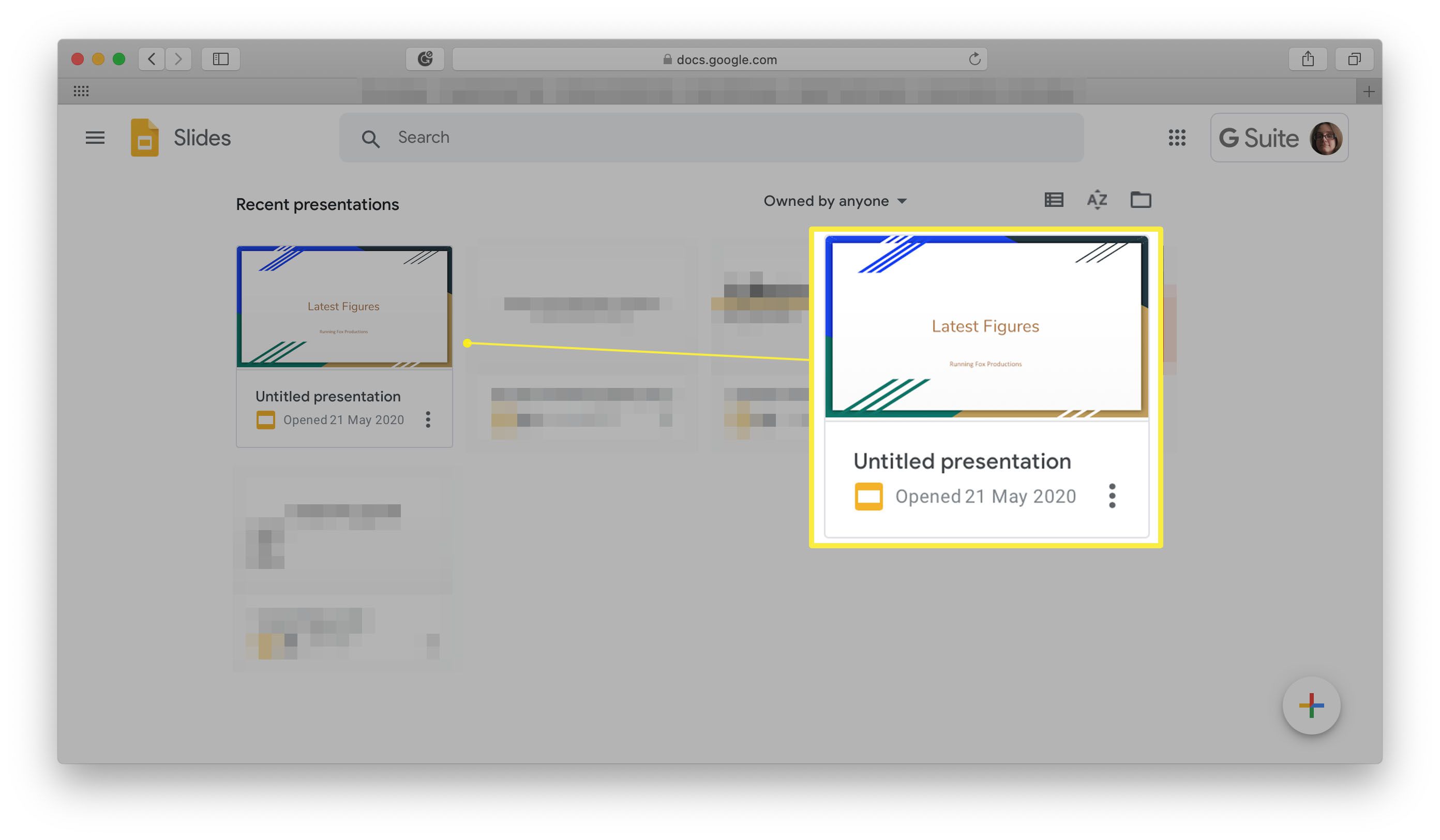 Google Slides, jossa on lueteltu viimeisimmät esitykset