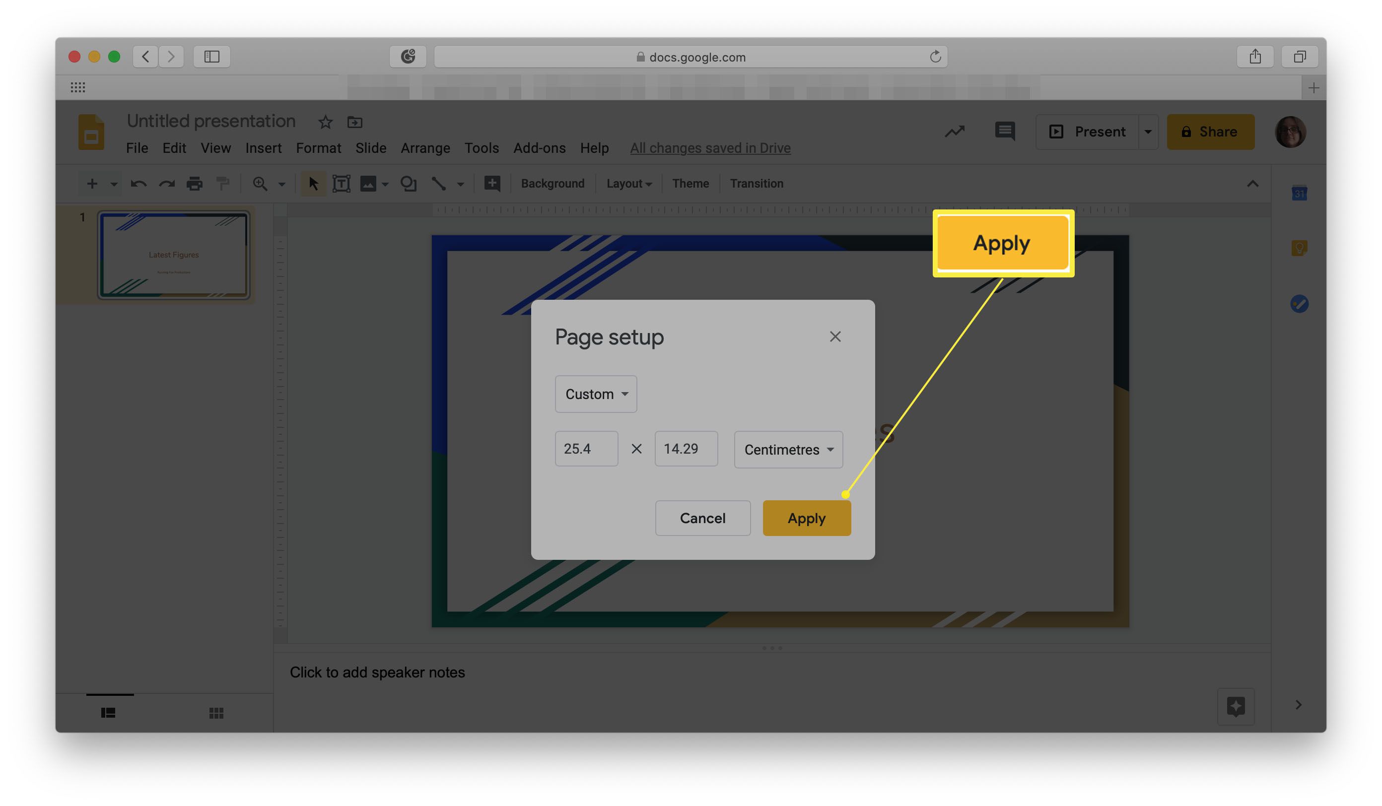 Google Slides, jossa Käytä sivun asetuksiin -painike korostettuna