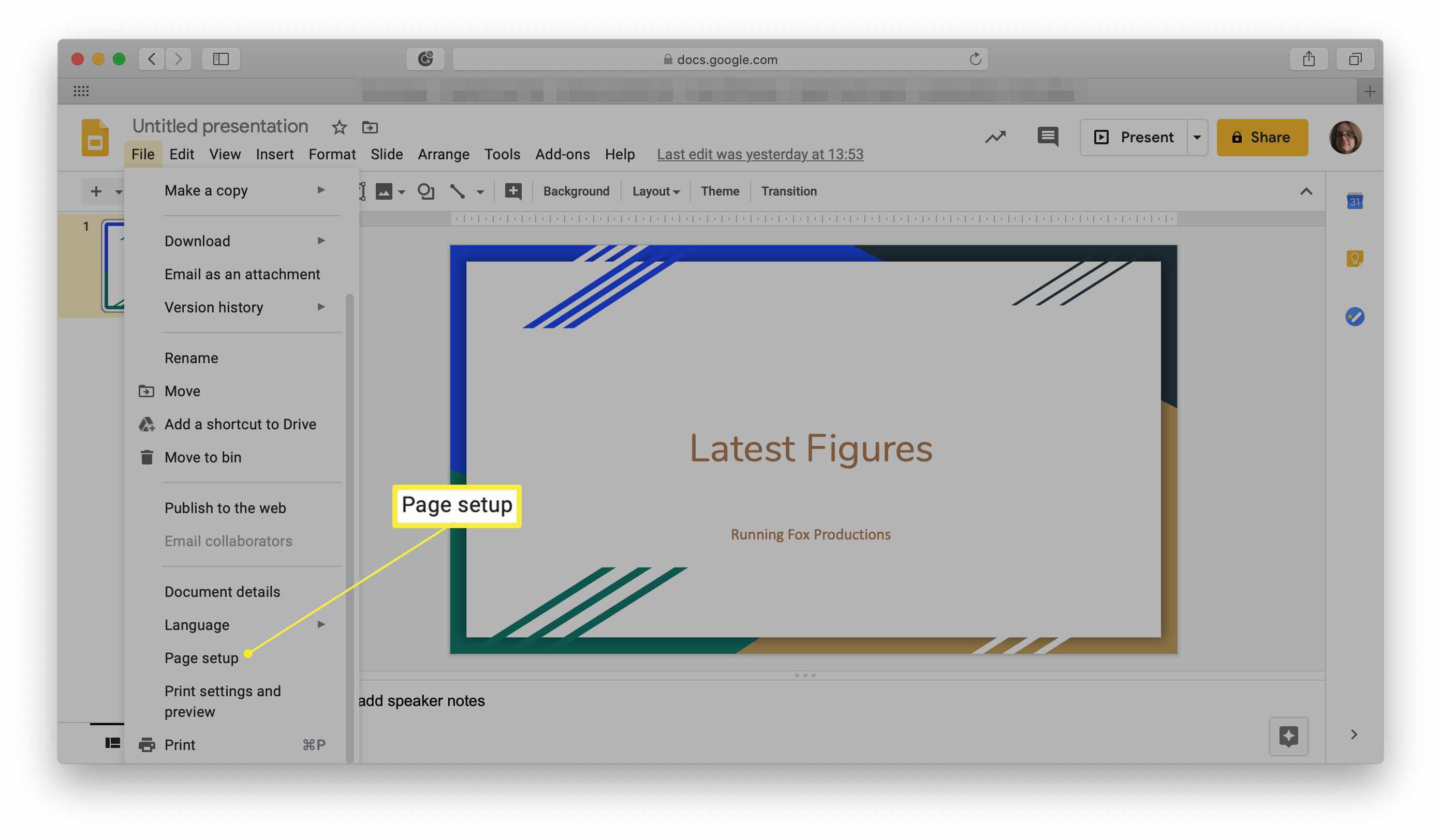 Google Slides, jossa Sivun asetukset korostettuna