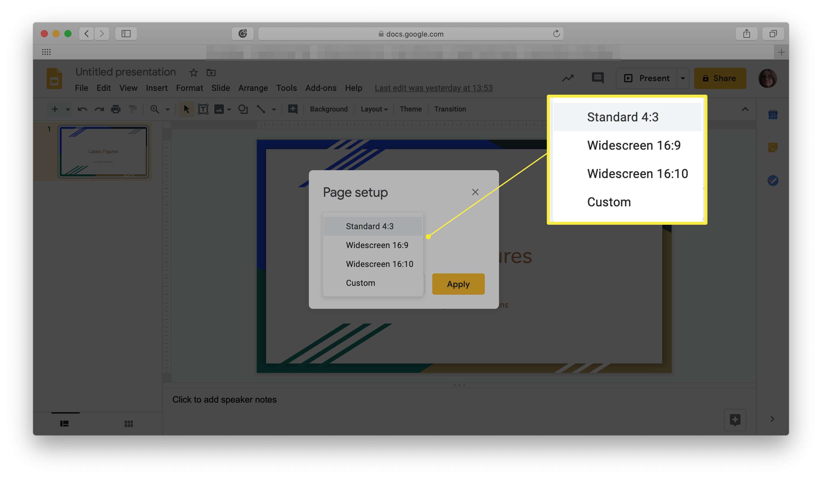 Google Slides, jossa on eri kokoisia sivuasetuksia korostettuina