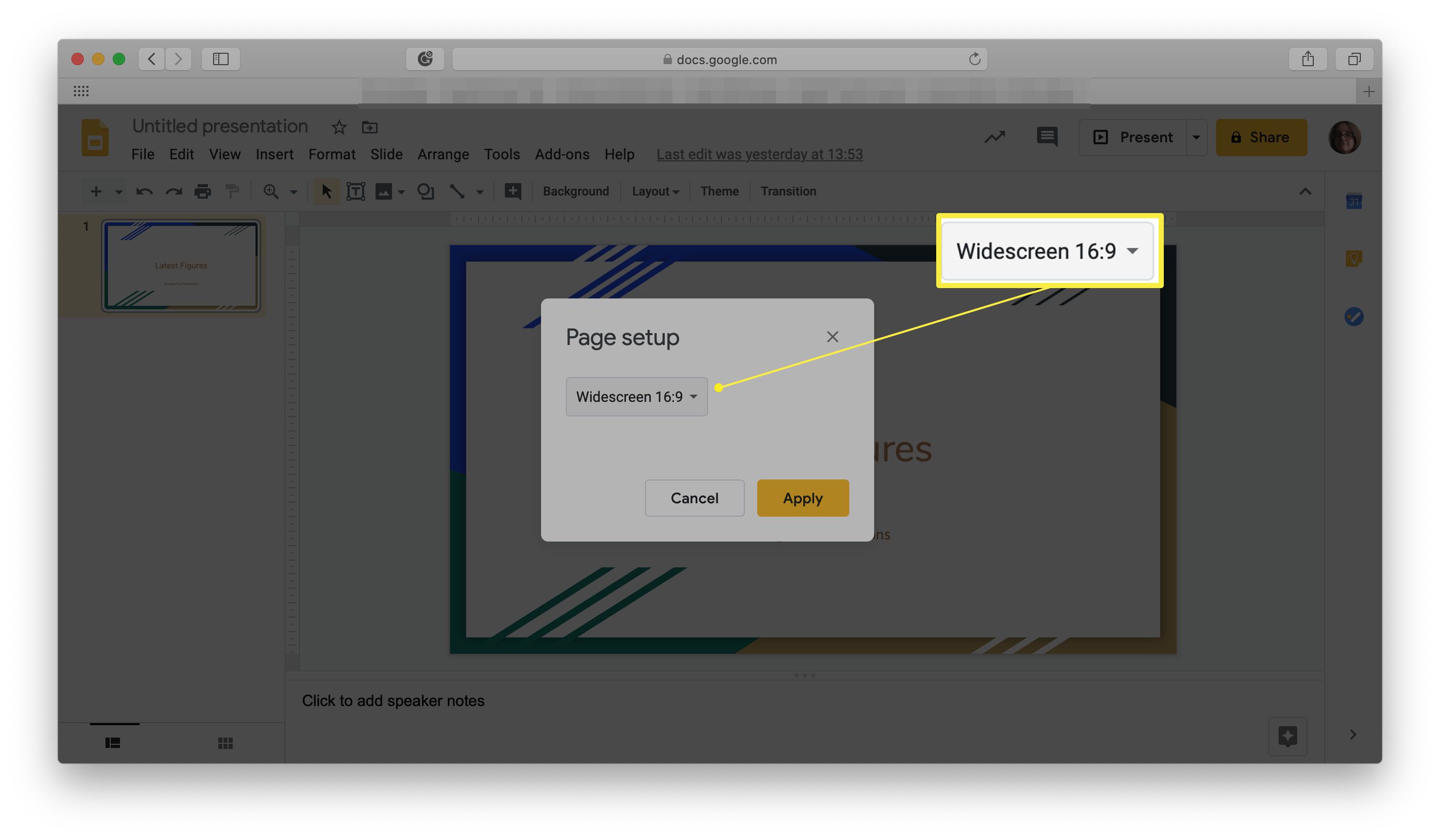 Google Slides, jossa sivun asetusvaihtoehdot on korostettu