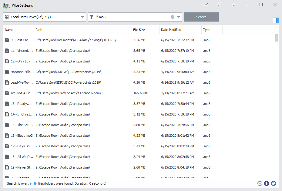 Wise JetSearch -luettelo MP3-tiedostoista Windows 10:ssä