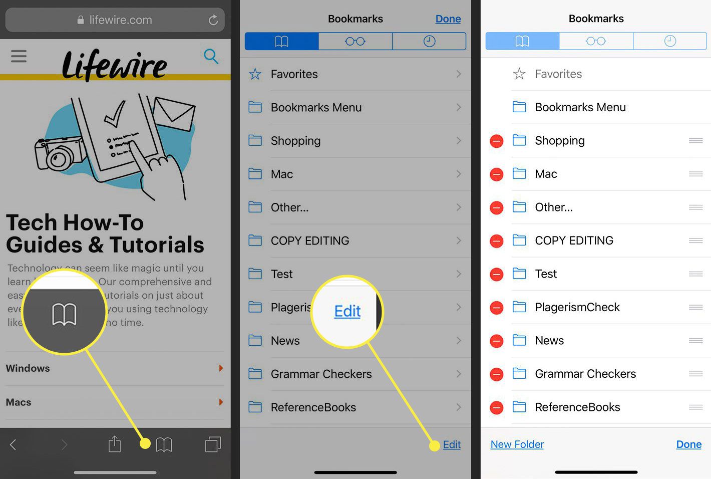 Safari iOS:ssä, jossa Kirjanmerkit- ja Muokkaa-painikkeet on korostettuina