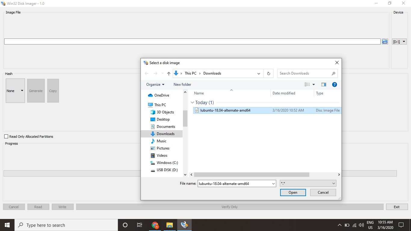 Valitse sininen kansio Kuvatiedosto-osiossa avataksesi Windowsin Resurssienhallinnan ja valitse lataamasi Lubuntu ISO-tiedosto