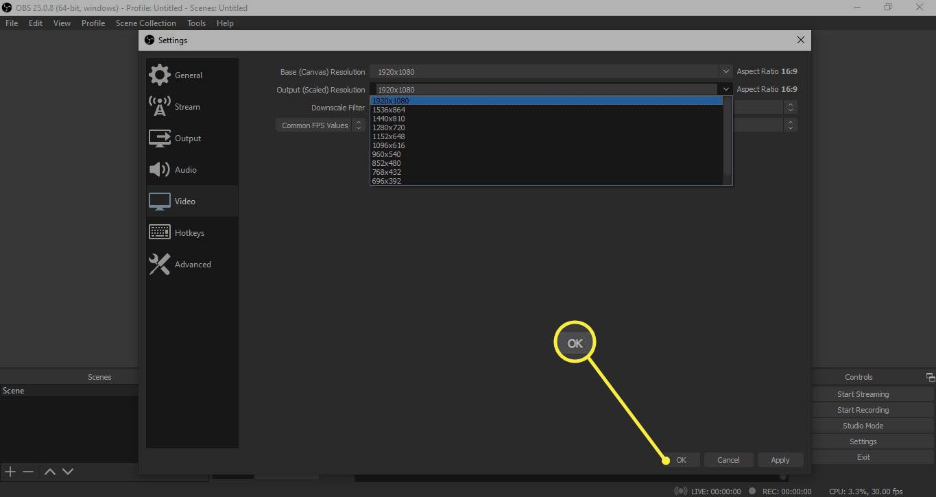 Perus- ja lähtöresoluutiot OBS Studion videoasetuksissa