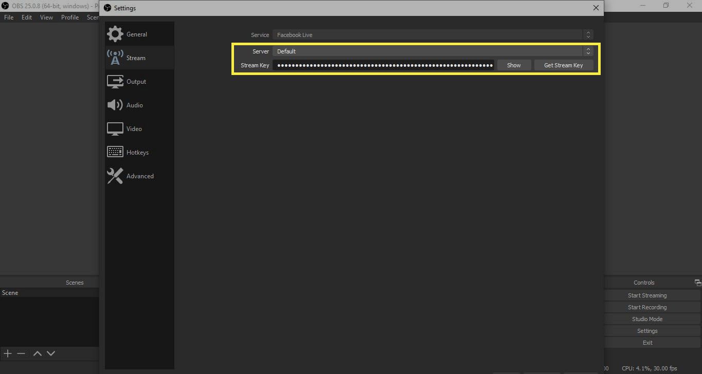 Suoratoista avain ja palvelin OBS Studion asetuksissa