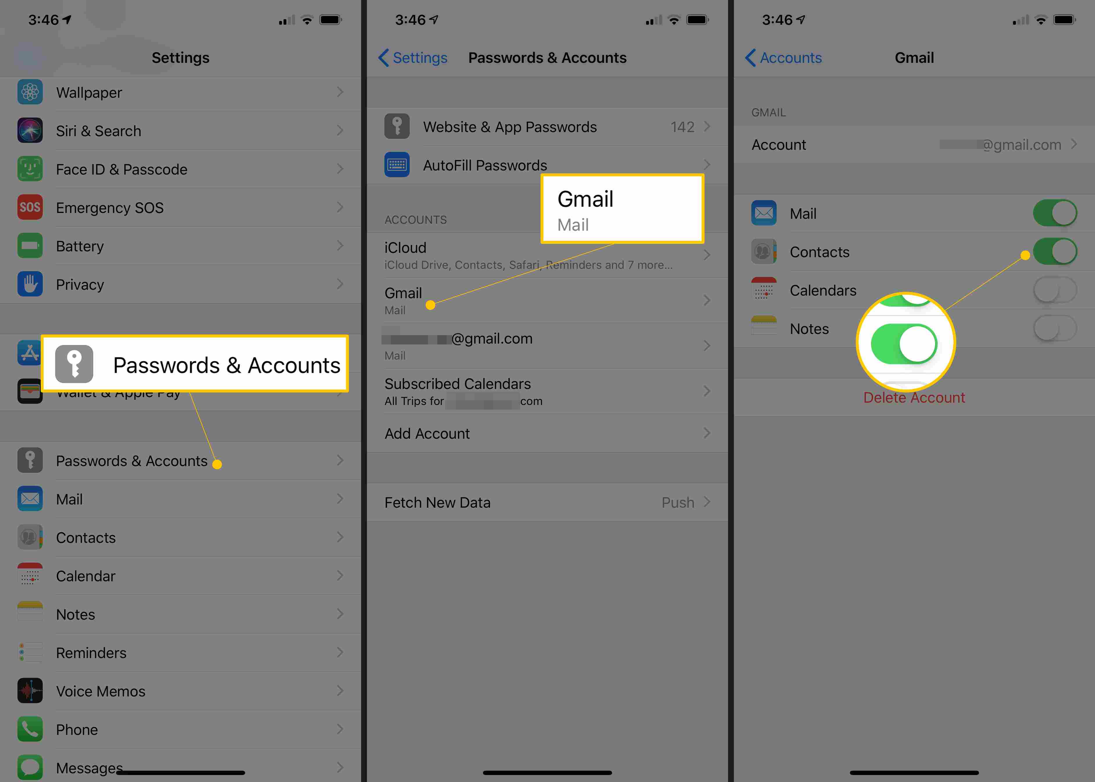Kolme iOS-näyttöä, joissa on salasanat ja tilit, Gmail ja yhteystiedot ovat päällä