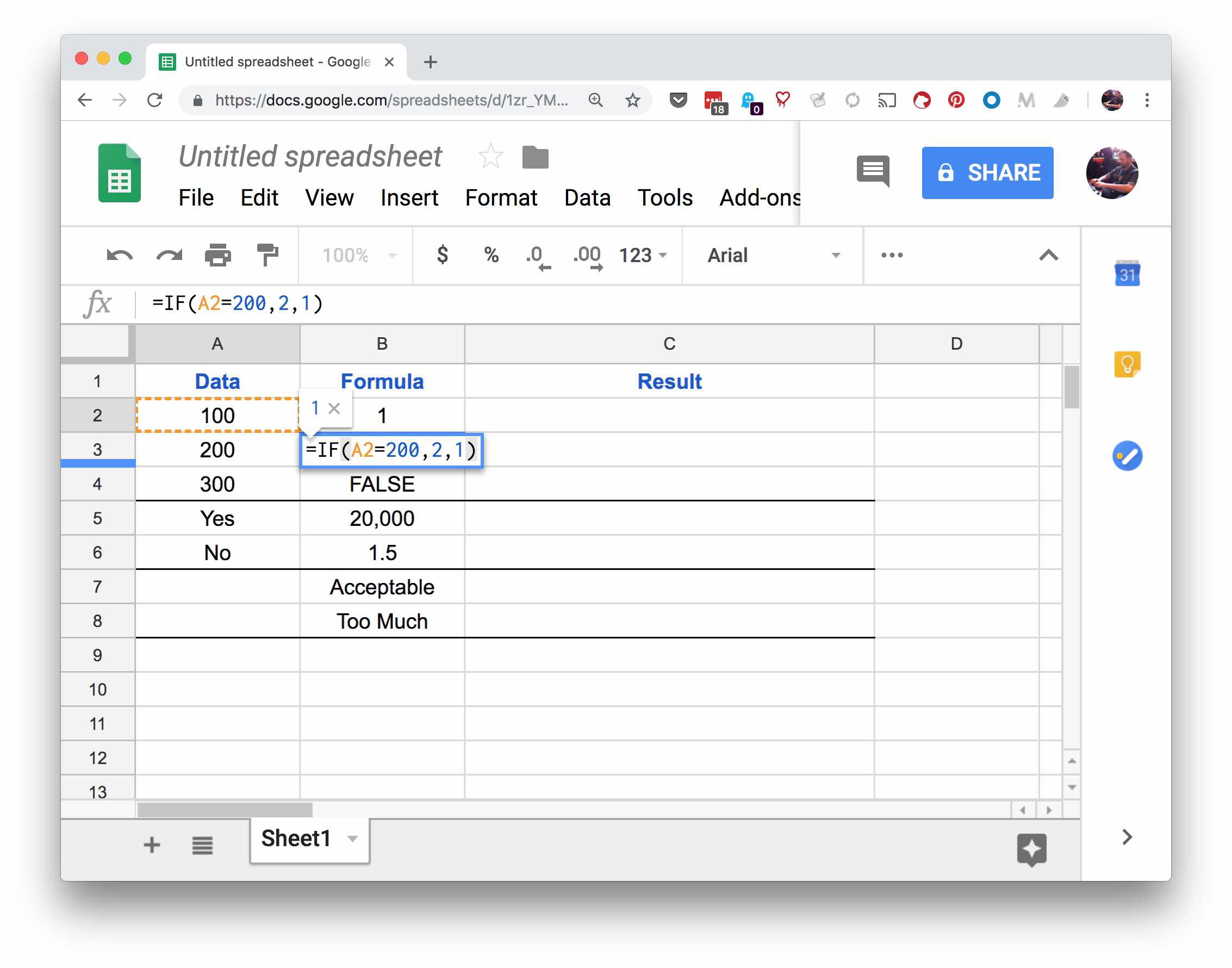 Kuvakaappaus Google Sheets -ikkunasta, jossa =IF(A2=200,2,1)