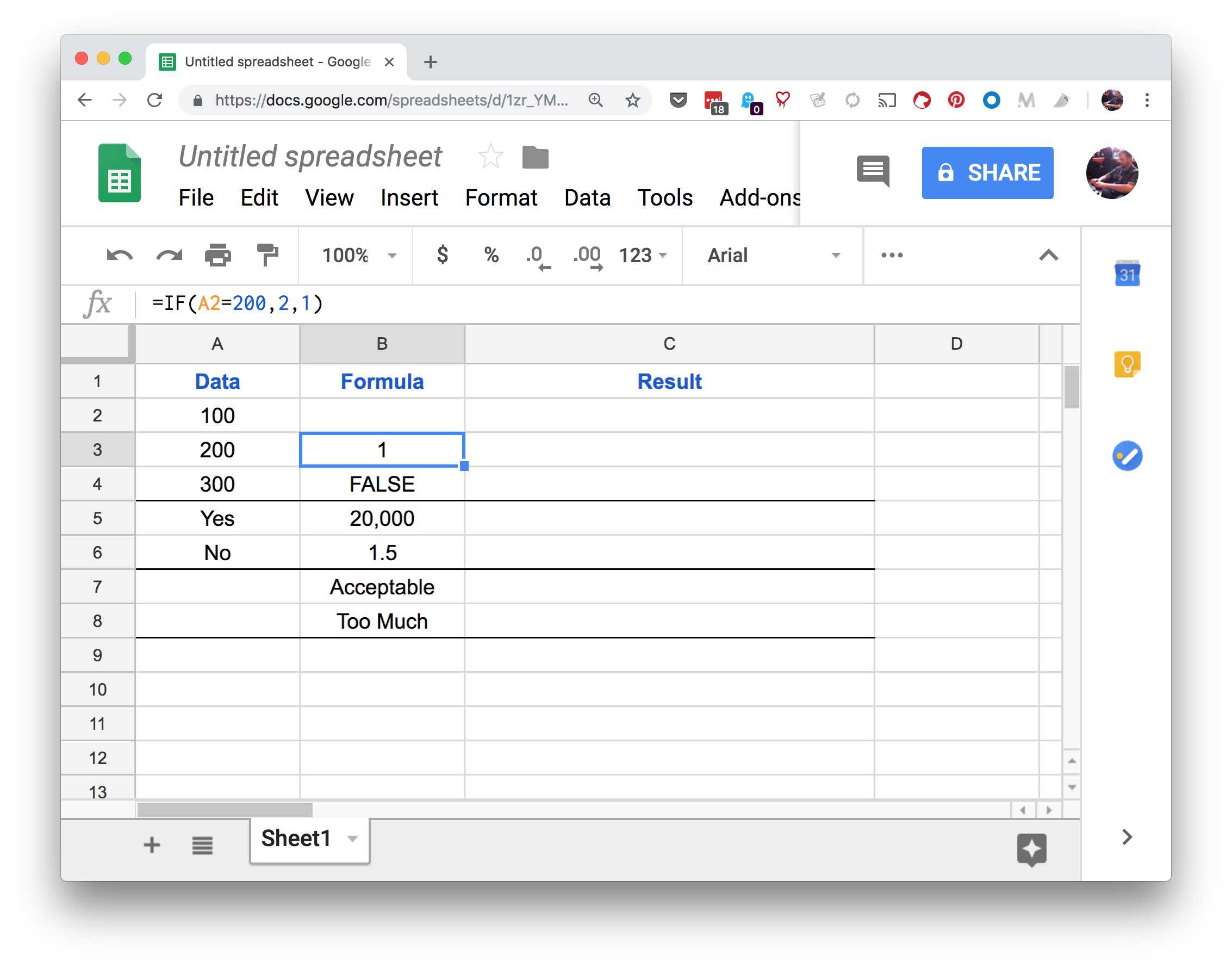 Kuvakaappaus Google Sheets -ikkunasta, jossa on arvo 1 B3-solussa