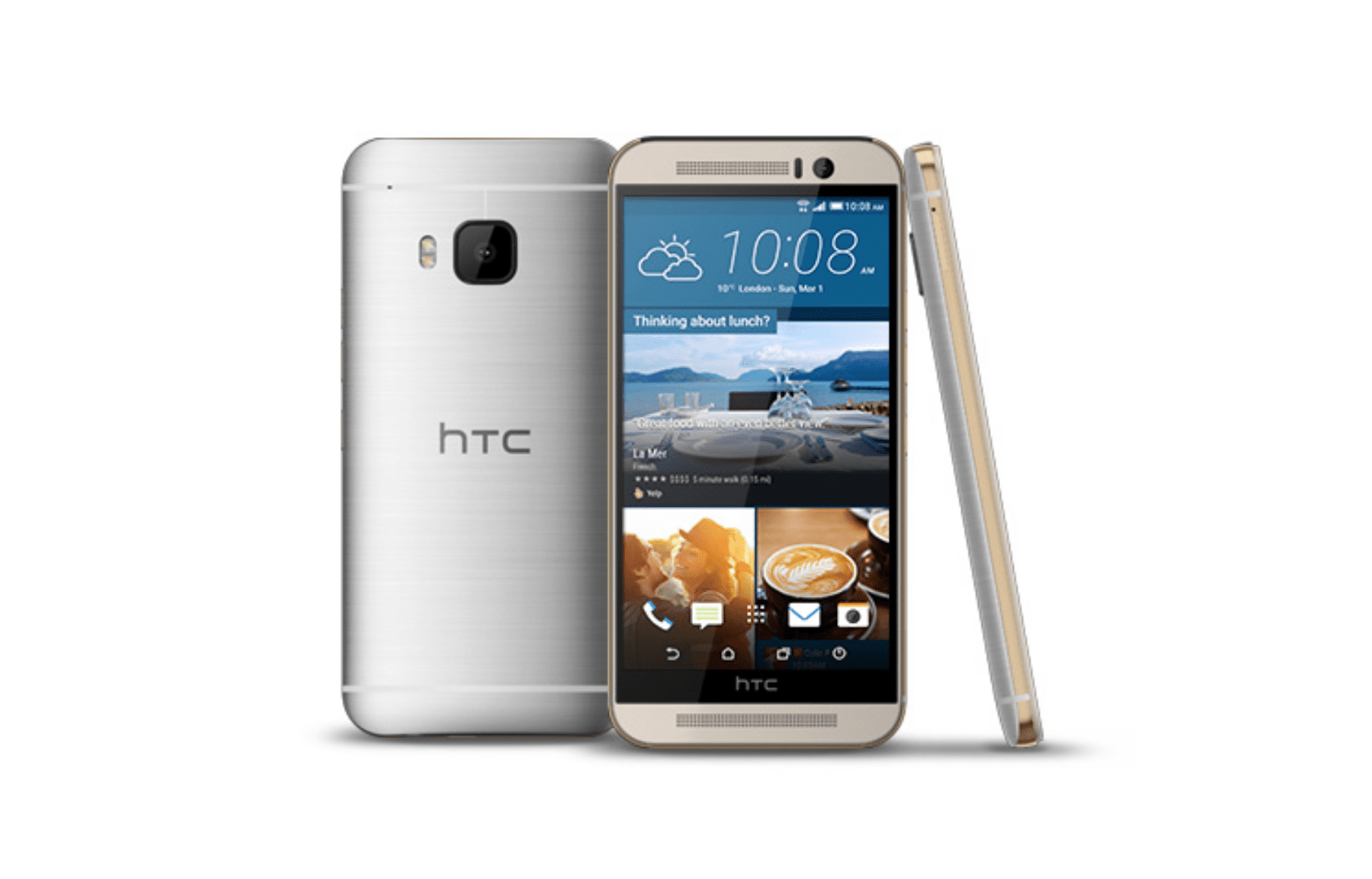 HTC One M9 -älypuhelimet takaa, edestä ja sivulta katsottuna