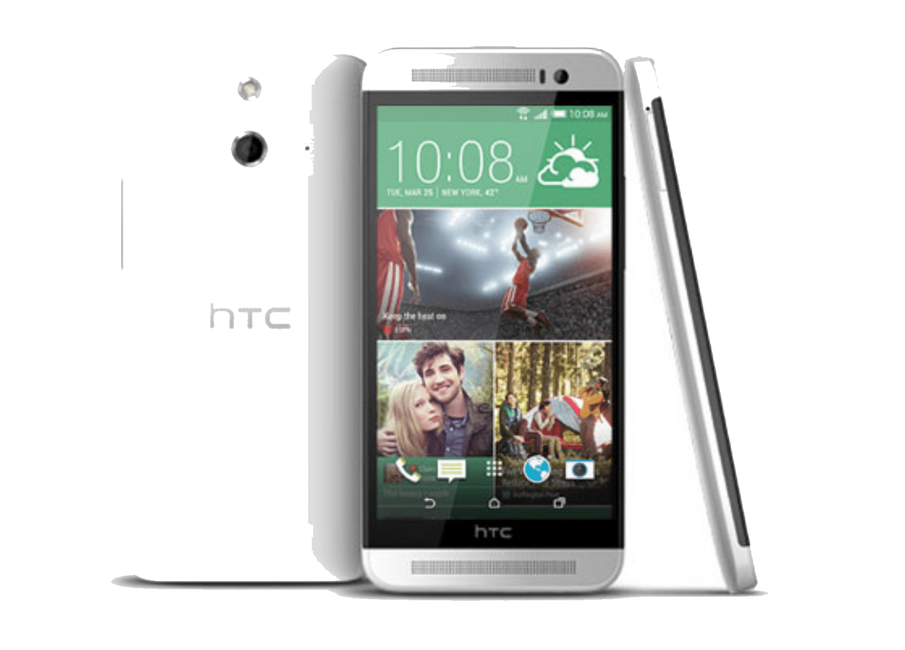 HTC One E8 -älypuhelimet takaa, edestä ja sivulta katsottuna