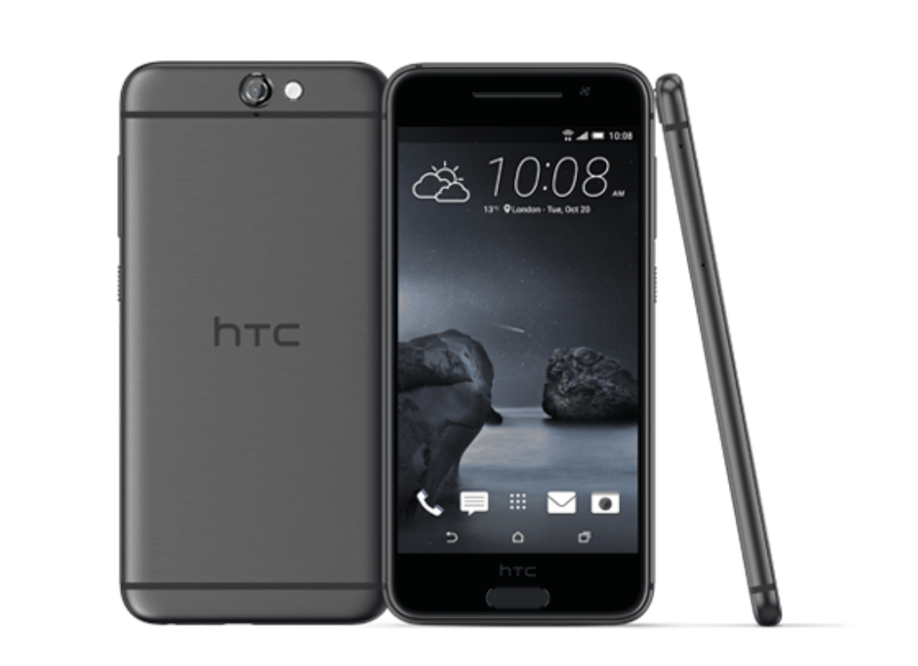 HTC One A9 -älypuhelimet takaa, edestä ja sivulta katsottuna