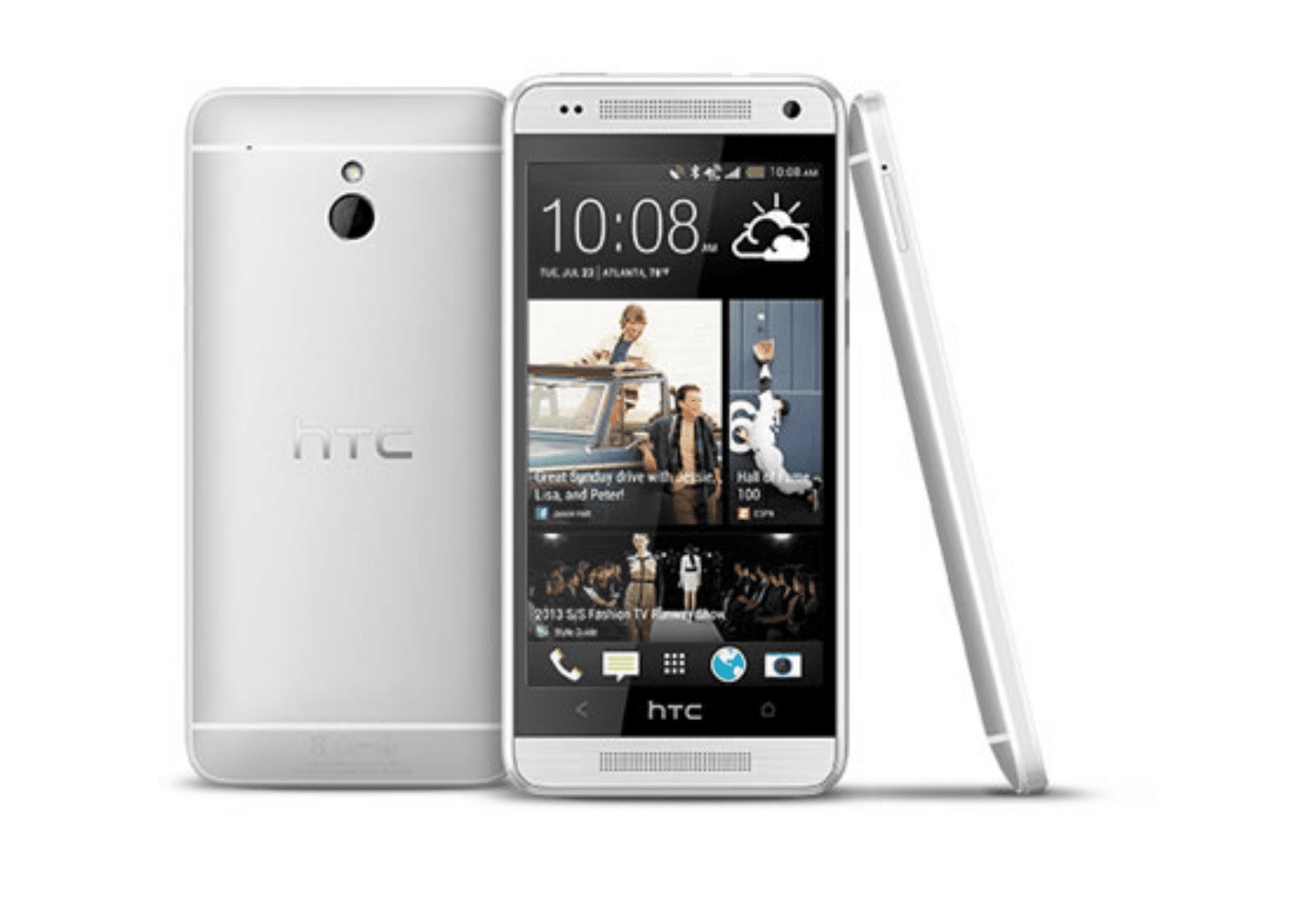 HTC One Mini -älypuhelimet takaa, edestä ja sivulta katsottuna